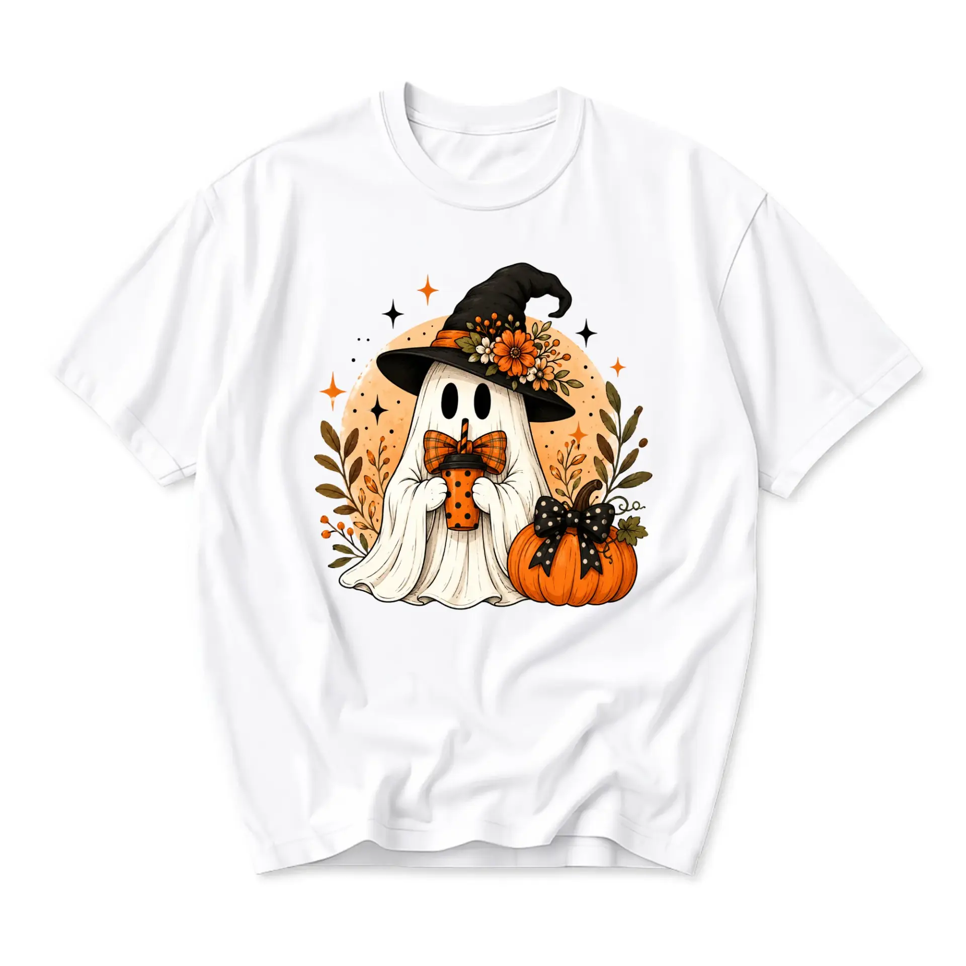 Graphic Tee Unisex Crew Neck T-Shirt Featuring a Cute Ghost Wearing a Witch Hat and Holding a Beverage with Pumpkin
