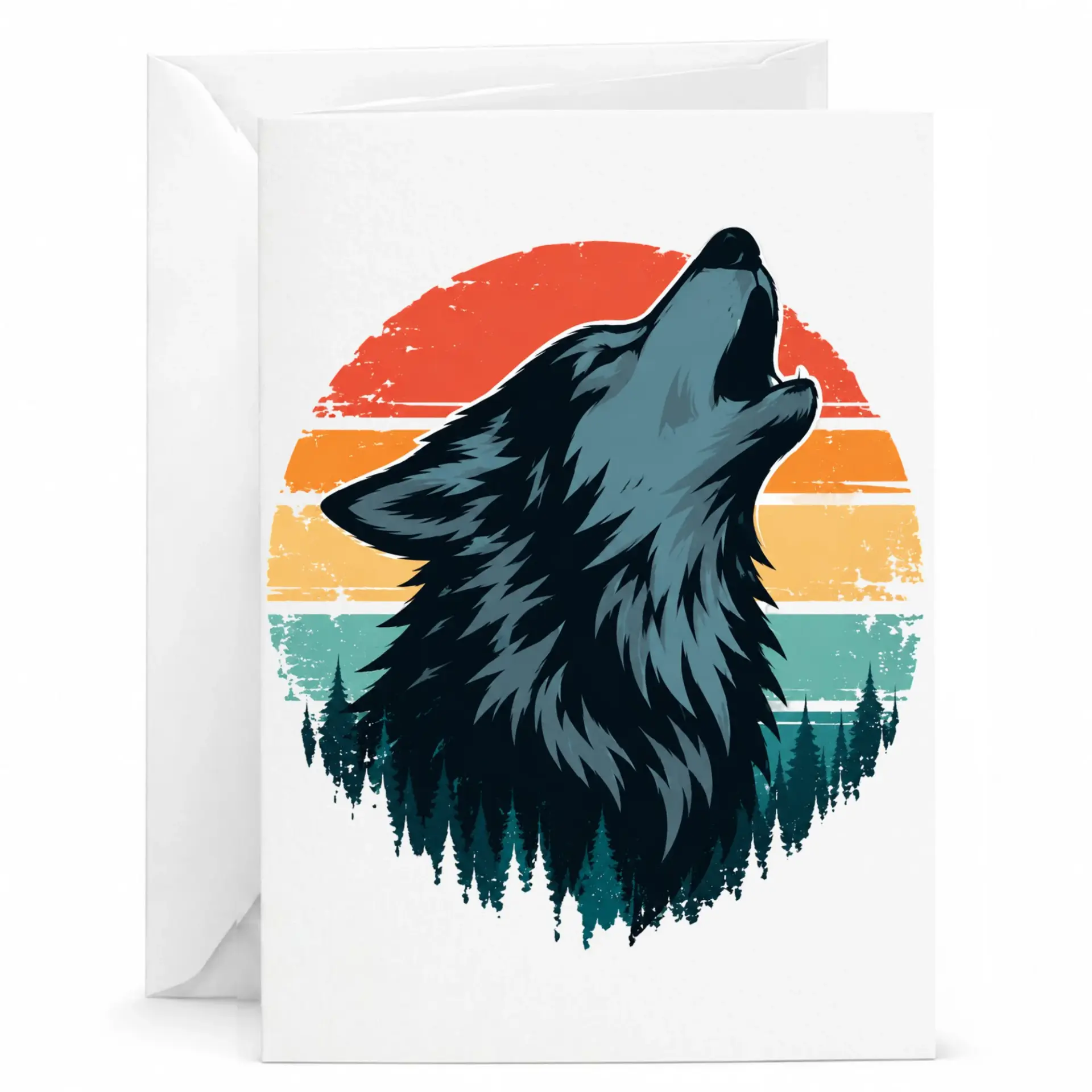 Greeting Card Howling Wolf Sunset Illustration Nature Lover Art Stationery for Special and Handwritten Notes