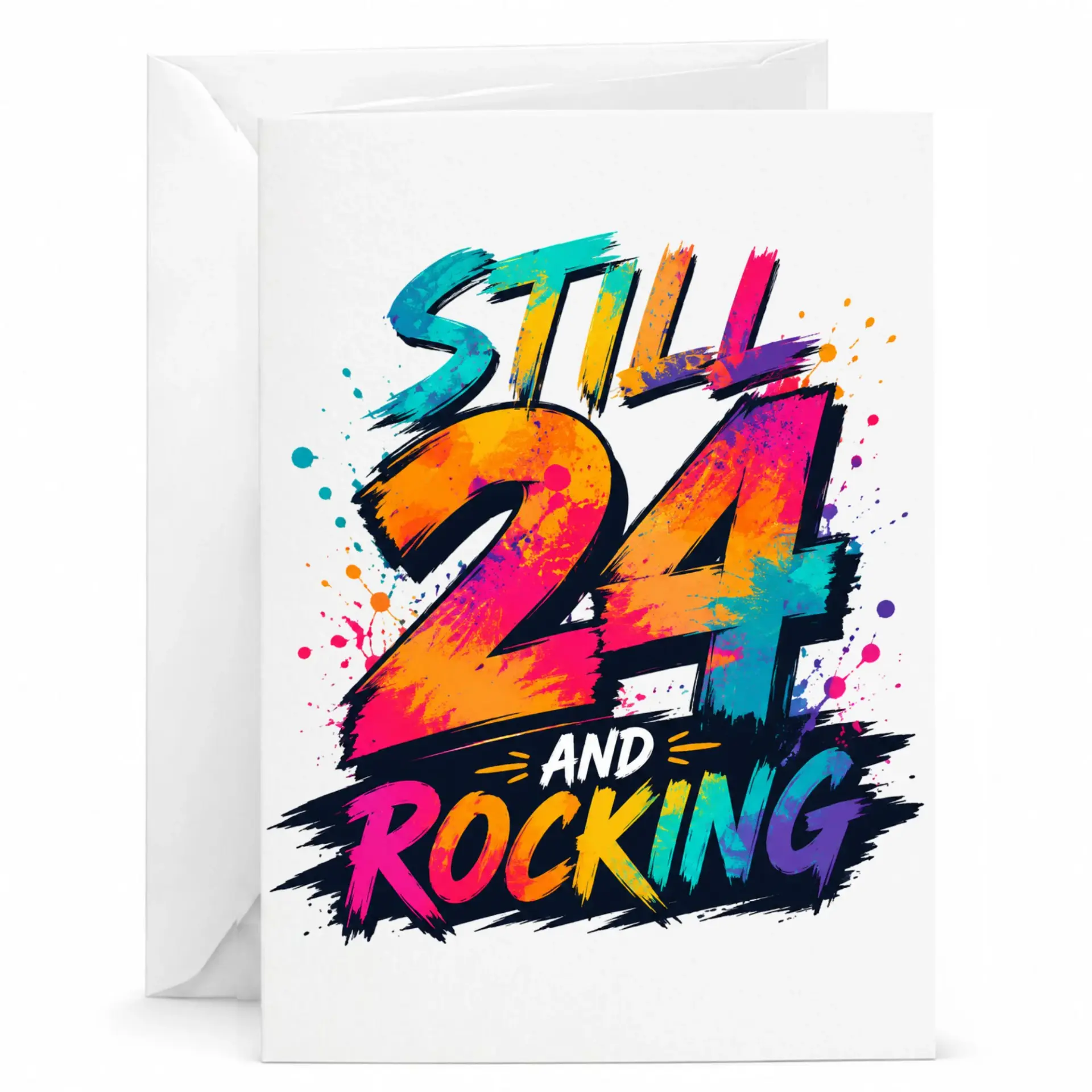 Funny Birthday Card Still 24 and Rocking Vibrant Watercolor Splash Design for Milestone Celebration Greeting