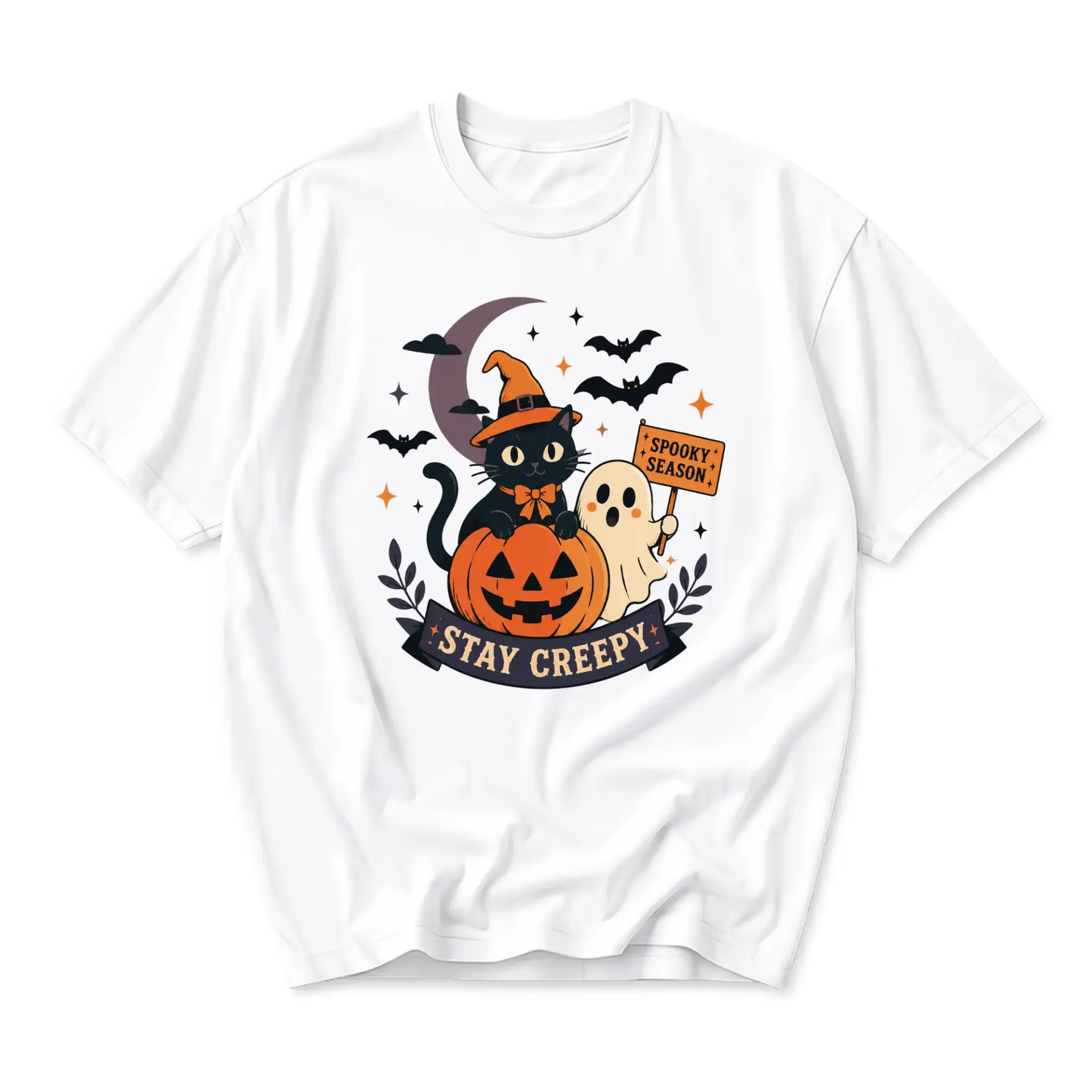 Graphic Tee Stay Creepy Halloween Cat Ghost Pumpkin Unisex Crew Neck Short Sleeve Shirt for Casual Autumn Everyday Wear