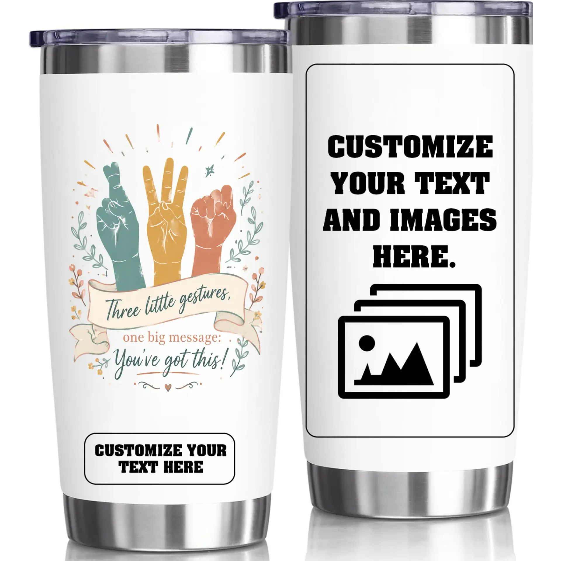 Stainless Steel Tumbler 20oz Motivational Hand Sign Print Insulated Travel Mug with Customizable Text Design Area