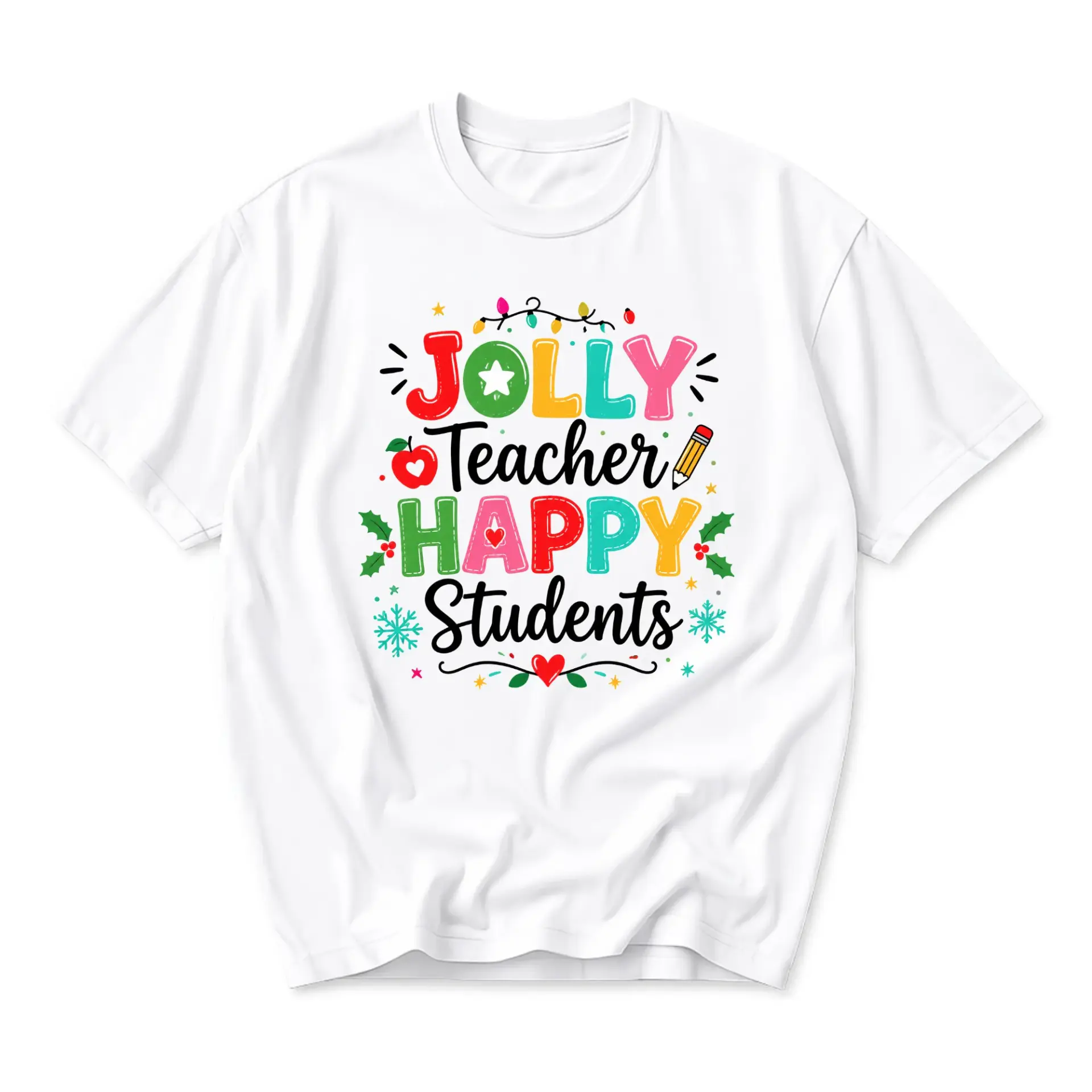 Graphic Tee Jolly Teacher Happy Students Holiday Apparel Unisex Crew Neck Short Sleeve Casual Shirt for Festive Seasons