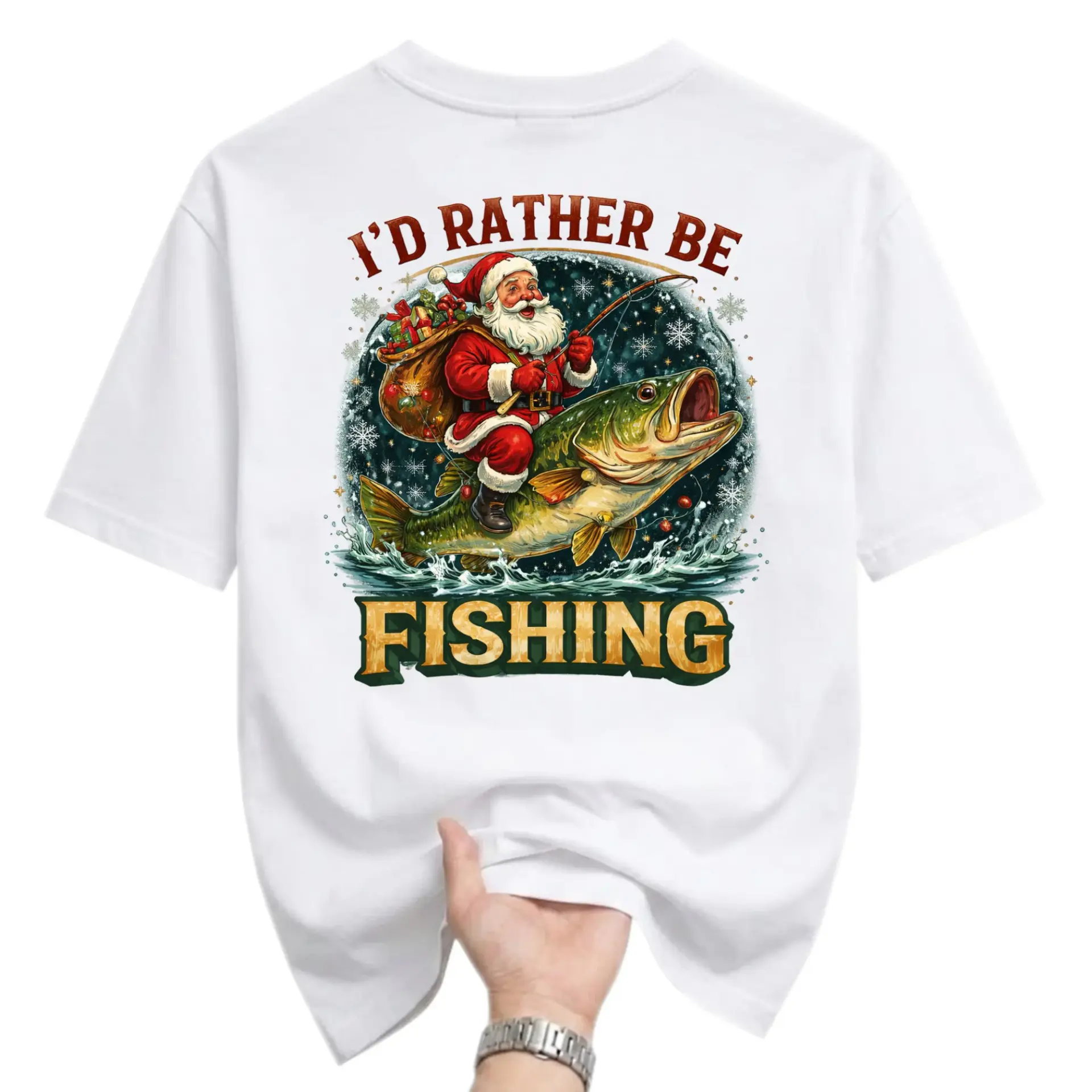 Funny Shirt I Would Rather Be Fishing Featuring Santa Claus Riding a Giant Fish Graphic Holiday Seasonal Casual Tee