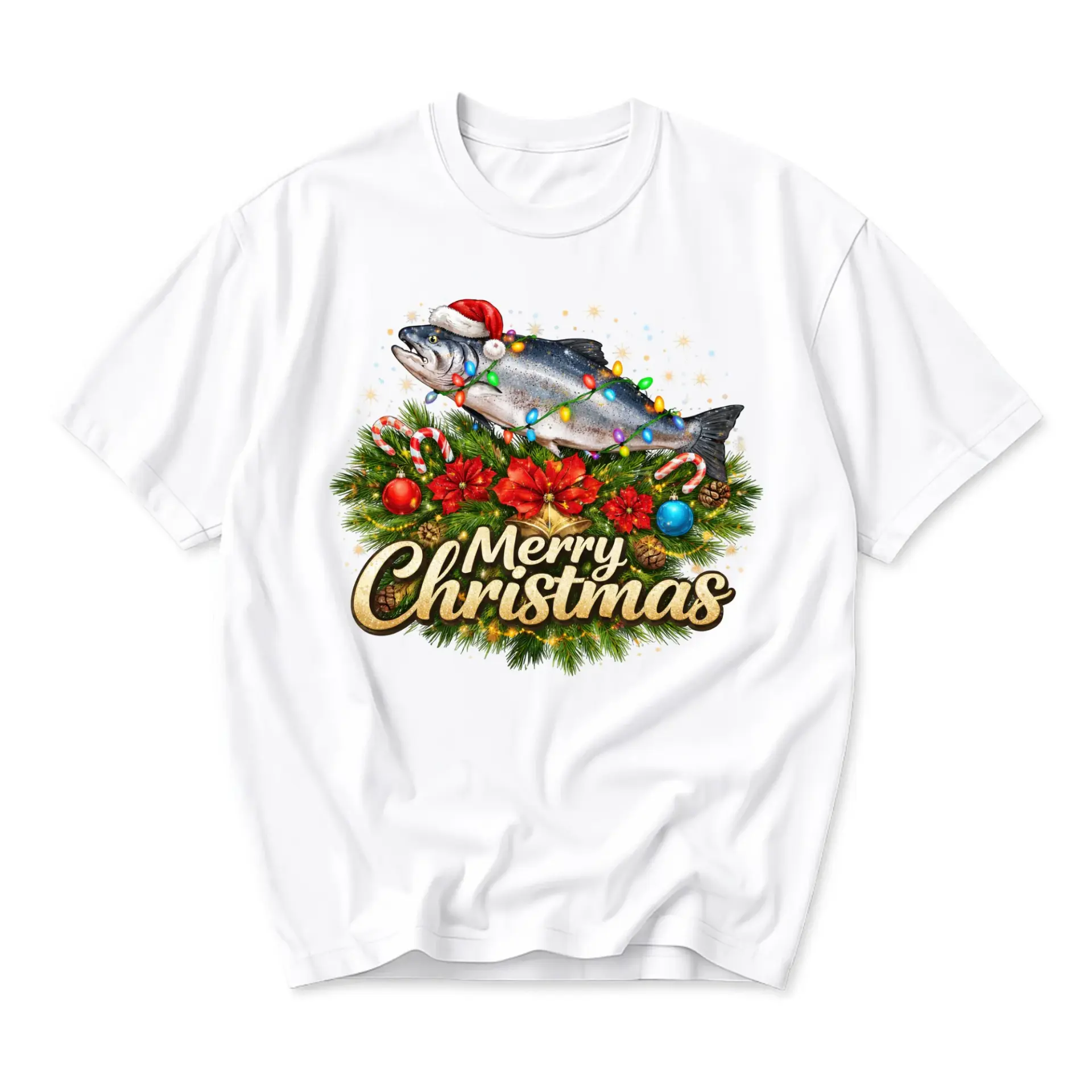Graphic Tee Merry Christmas Fish T-Shirt Holiday Apparel Fishing Theme Unisex Shirt Seasonal Lover Gift
