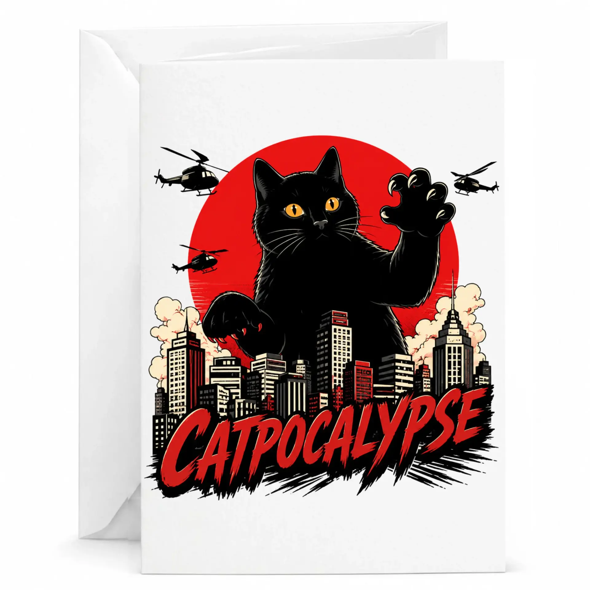 Funny Catpocalypse Greeting Card Featuring Giant Black Cat Attacking City Skyline Illustration with Matching Envelope