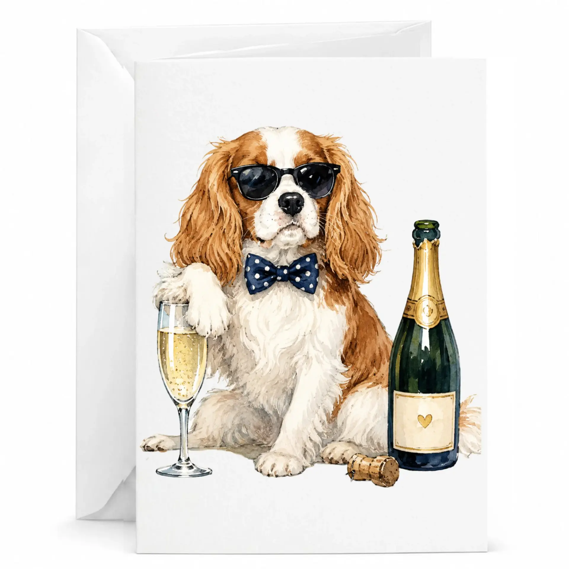 Funny Dog Birthday Card Charles Spaniel Wearing Sunglasses and Bow Tie with Champagne Greeting
