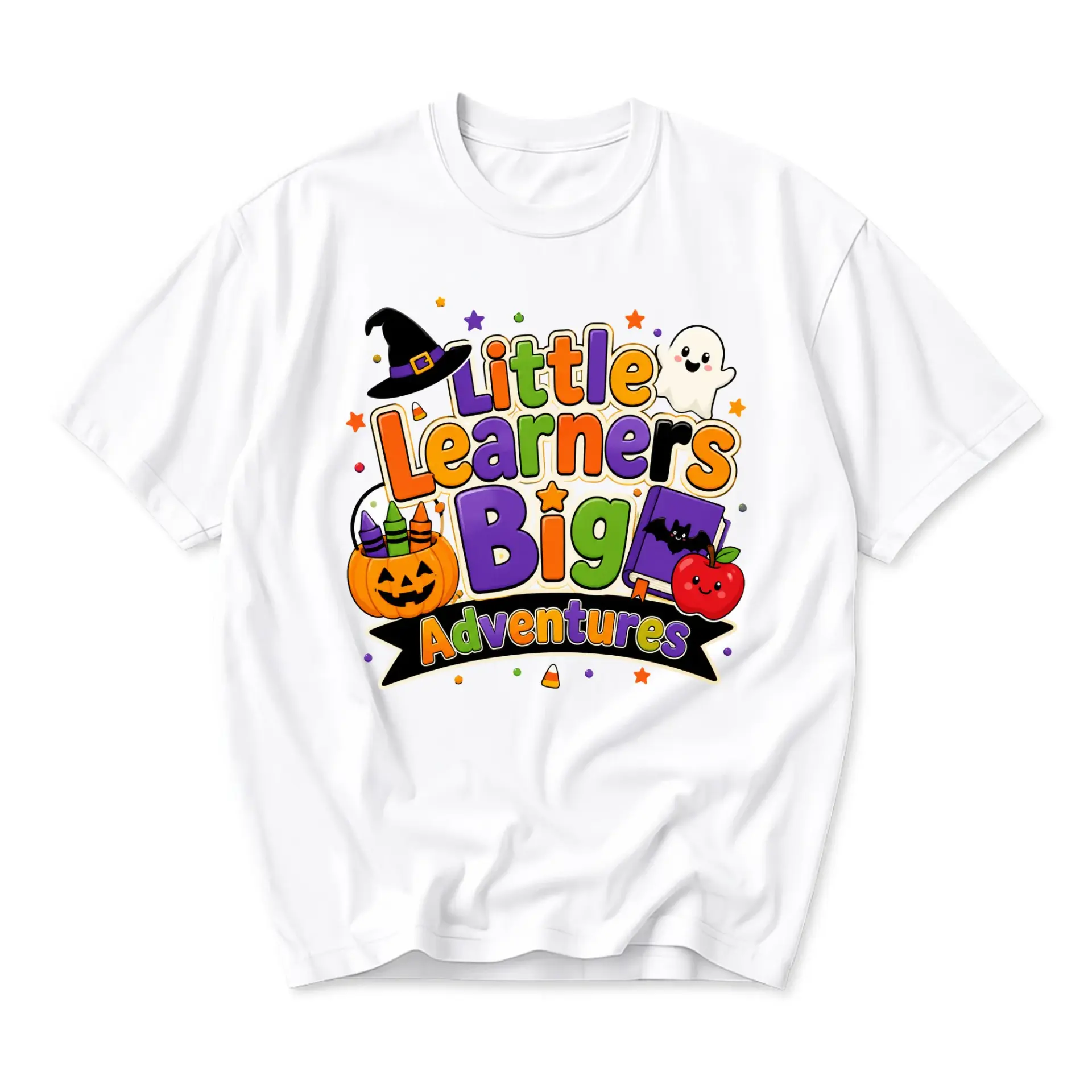 Graphic Tee Little Learners Big Adventures Halloween School Theme Unisex Crew Neck Short Sleeve Shirt for Casual Wear