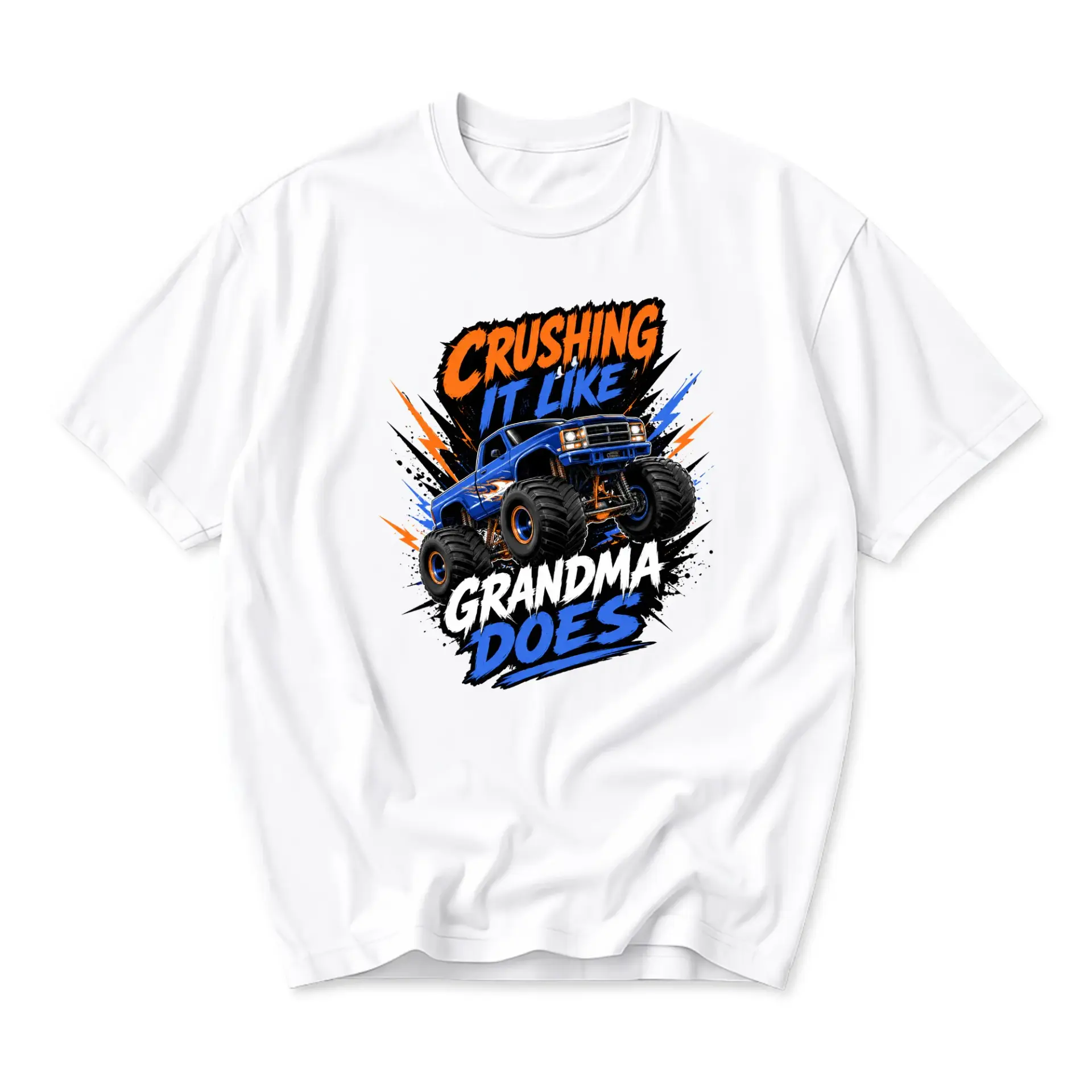 Funny Shirt Crushing It Like Grandma Does Monster Truck Graphic Tee Unisex Casual Crew Neck Apparel White Cotton Blend