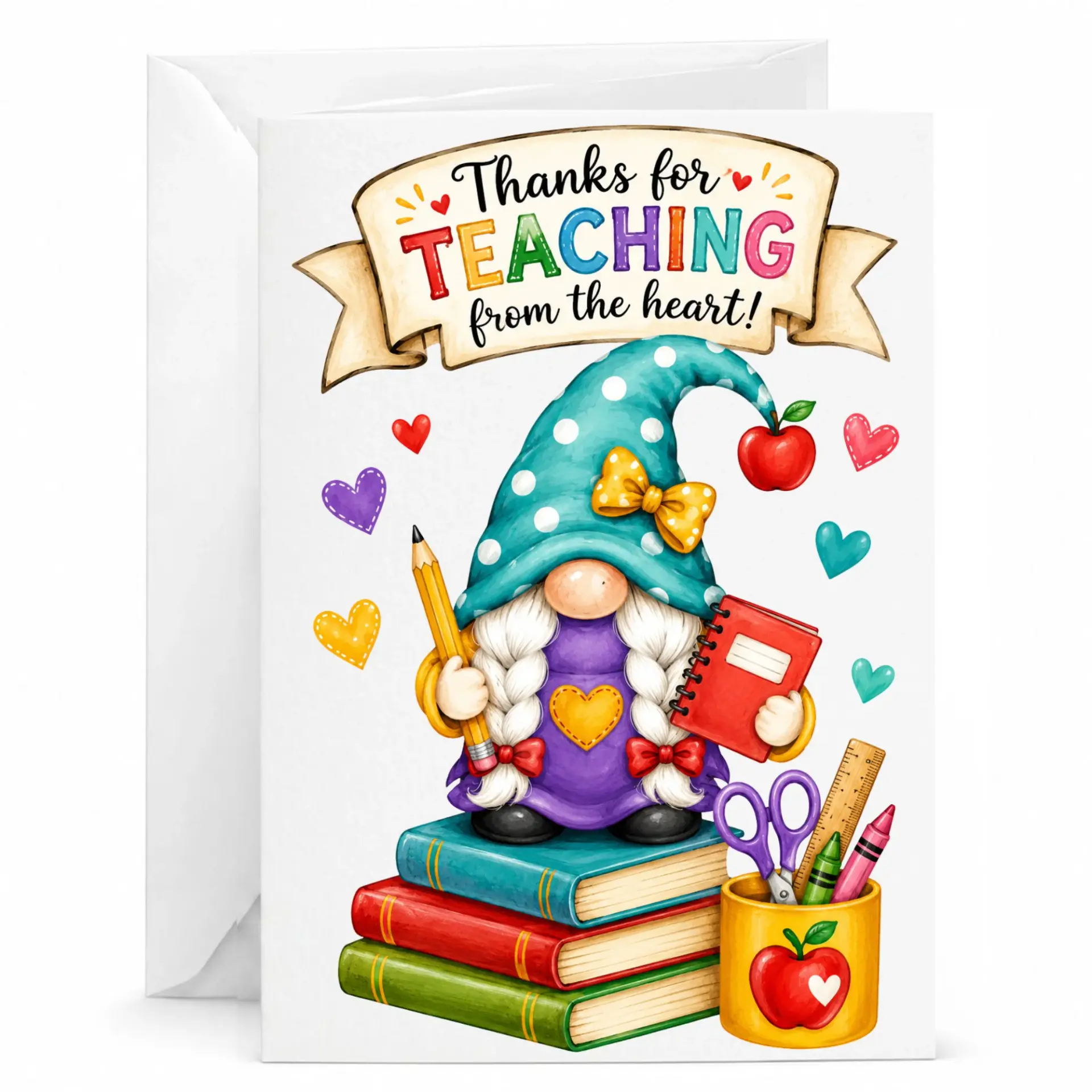 Card for Teacher Featuring Cute Gnome Illustration with Books and Supplies Appreciation Greeting
