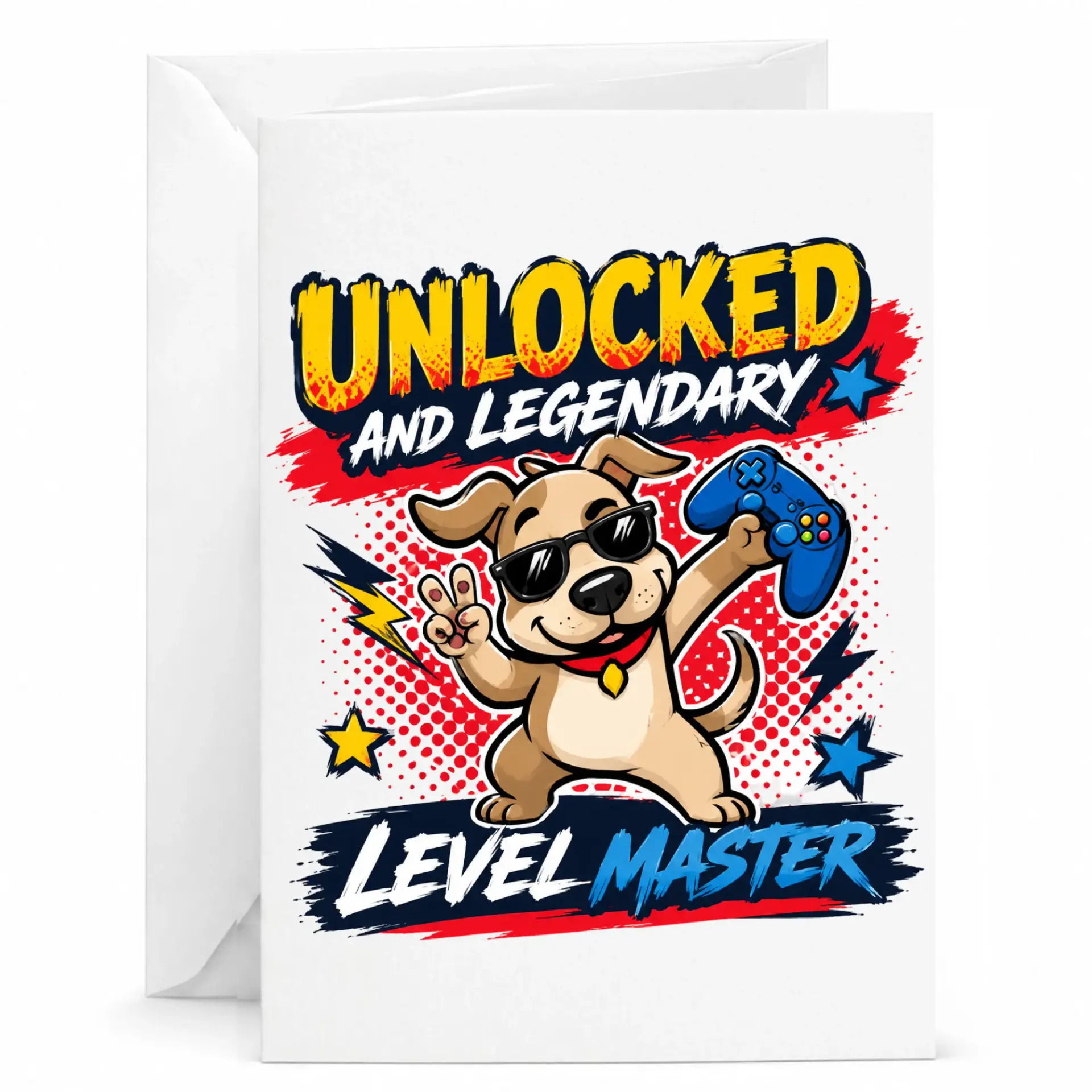 Funny Gaming Greeting Card Unlocked and Legendary Level Master Dog Design with Matching White Envelope Included