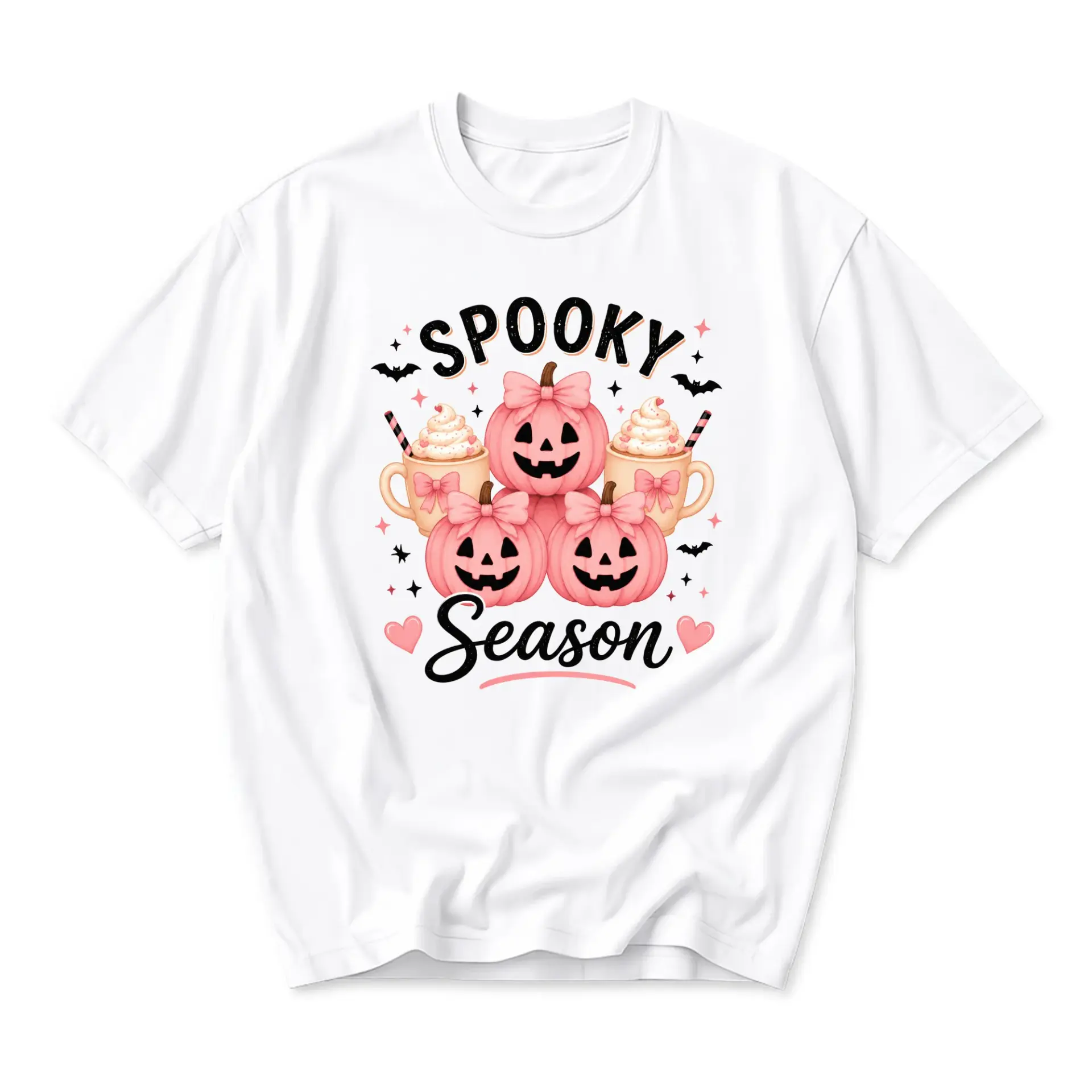 Graphic Tee Spooky Season Pink Pumpkins and Coffee Cup Print Unisex Crew Neck Casual Everyday Short Sleeve Shirt