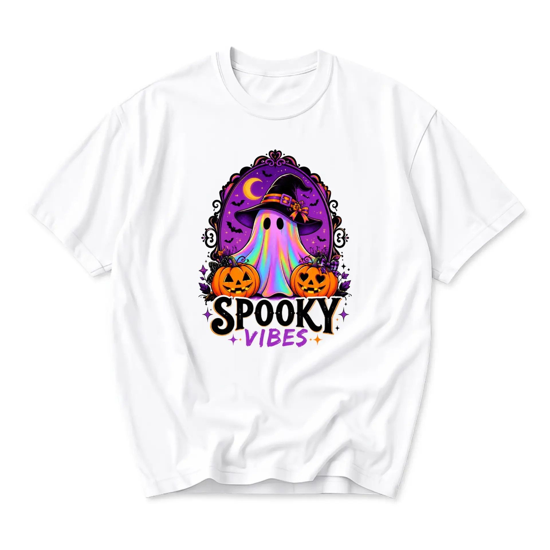 Funny Shirt Spooky Vibes Ghost Graphic Tee Seasonal Halloween Unisex Crew Neck Soft Cotton Blend Casual Top for Adults