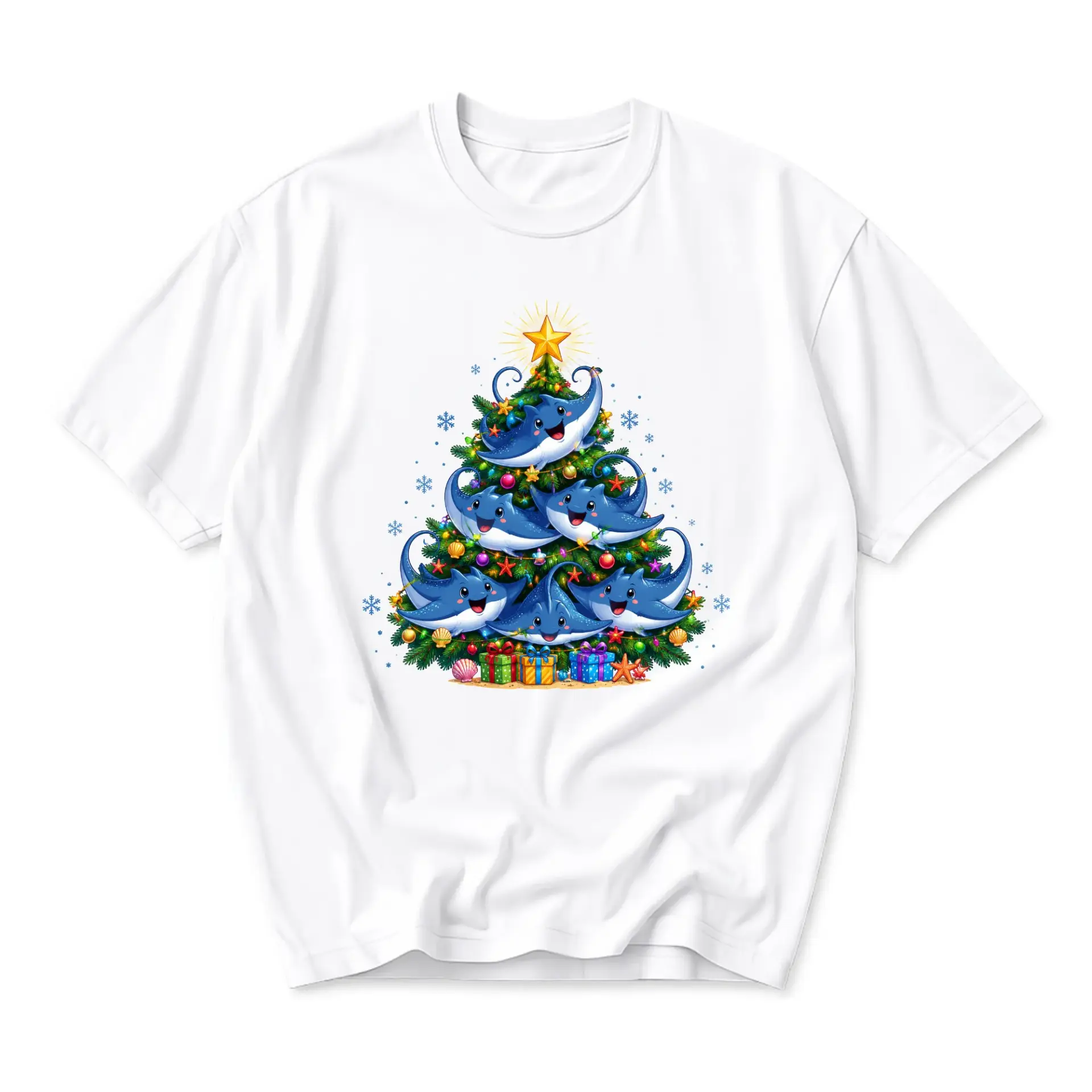 Graphic Tee Unisex Crew Neck Short Sleeve Holiday Shirt Featuring Cheerful Stingrays Decorating a Christmas Tree