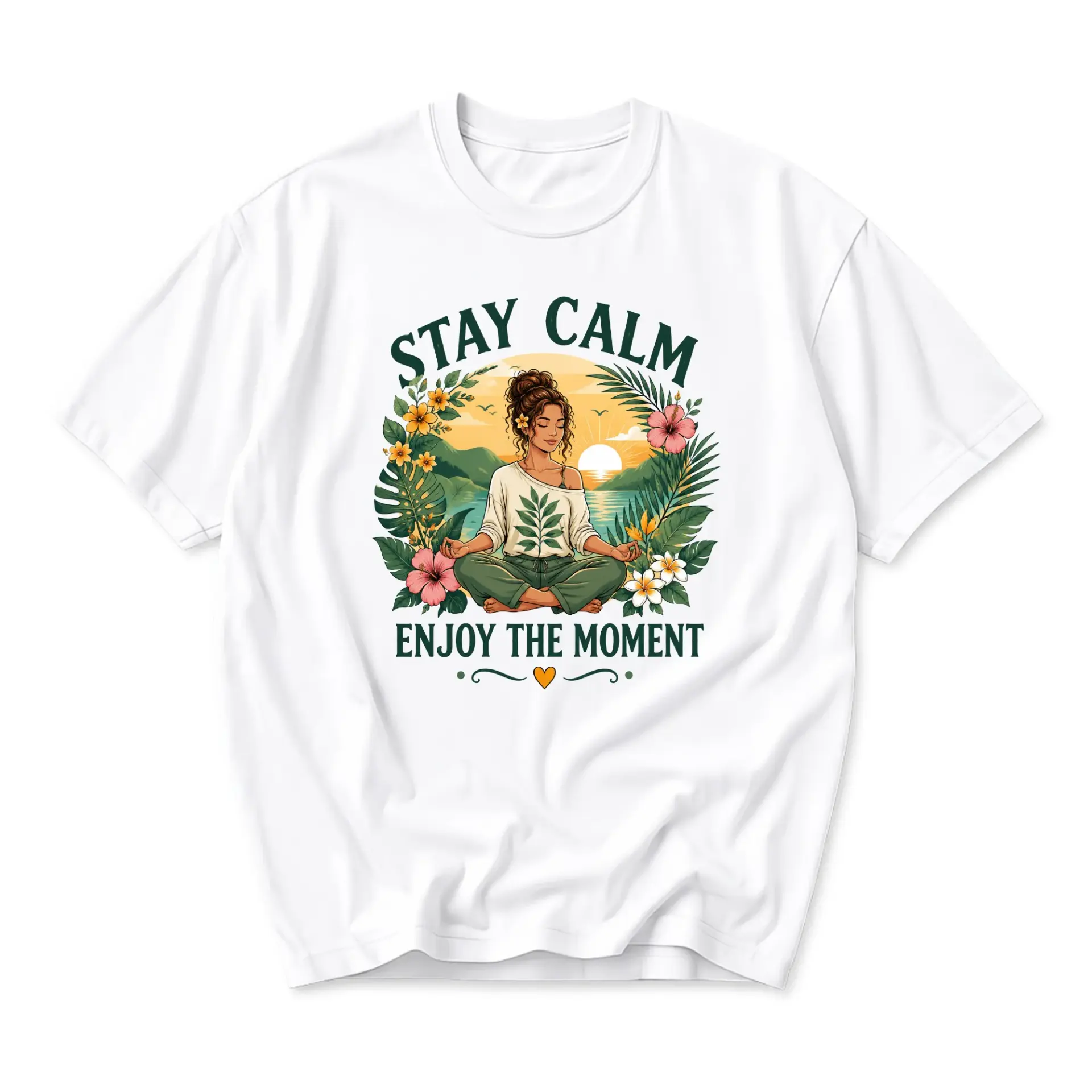 Graphic Tee Stay Calm Enjoy the Moment Unisex Casual Crew Neck T-Shirt Featuring Tropical Sunset Meditation Design