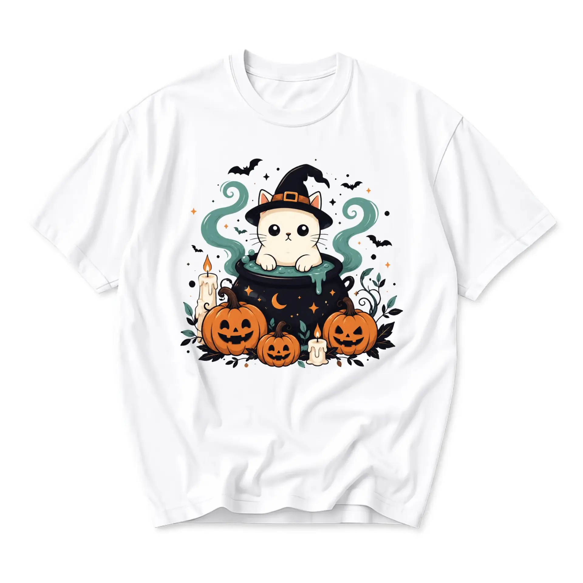 Graphic Tee Unisex Halloween Cat in Cauldron T-Shirt Spooky Season Holiday Apparel for Casual Everyday Outfit Wear