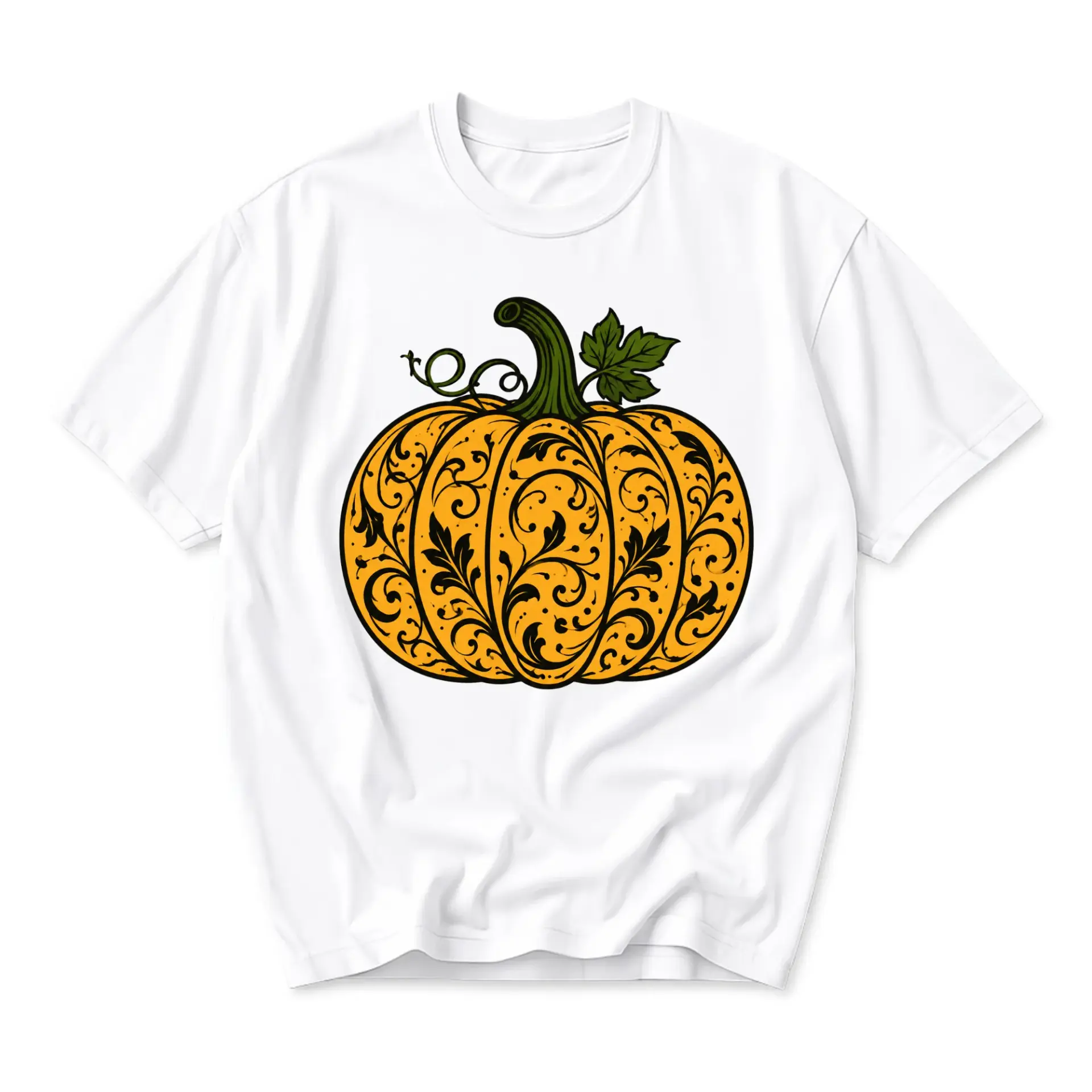 Graphic Tee Unisex Crew Neck T-Shirt Featuring an Artistic Ornate Pumpkin Fall Botanical Illustration Print