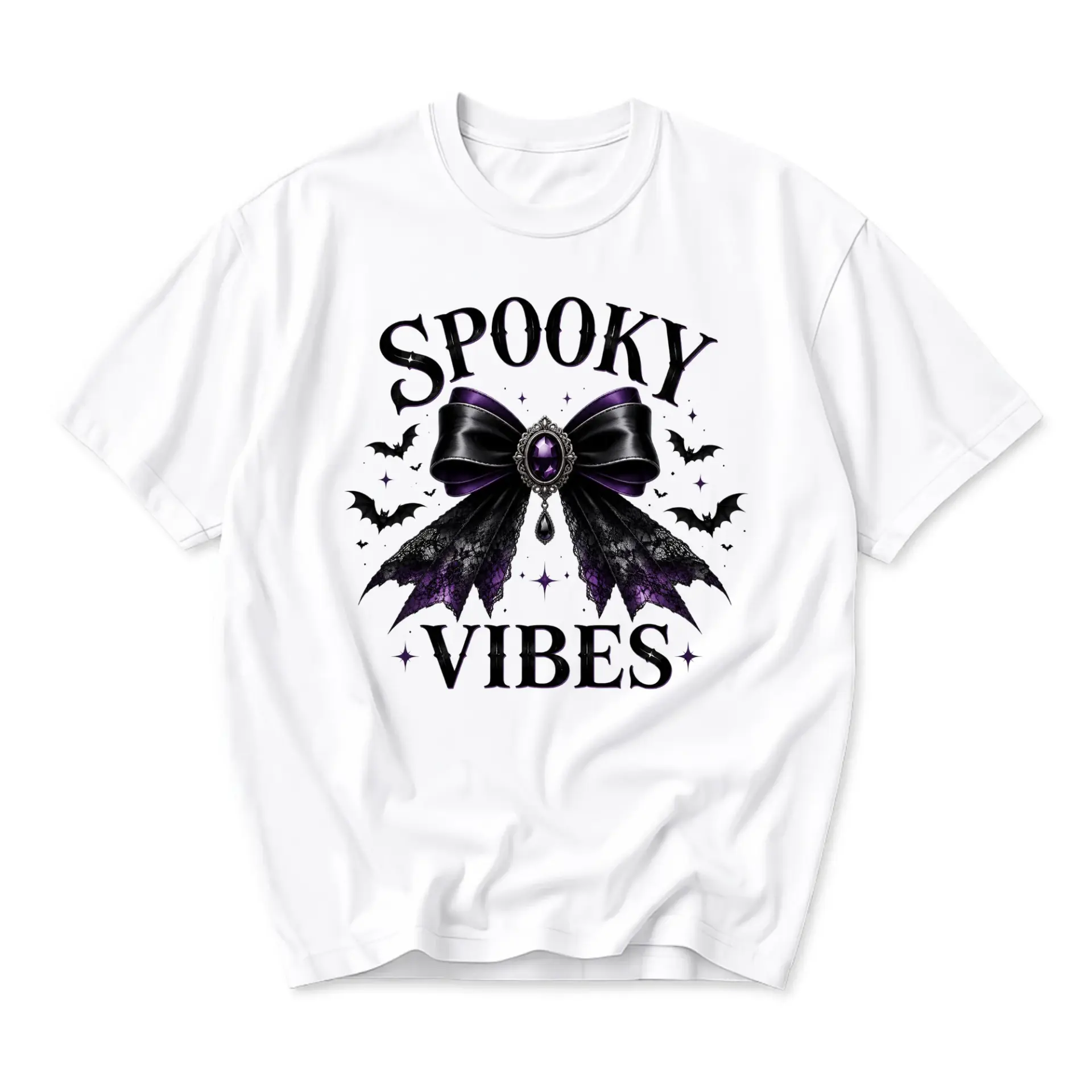 Graphic Tee Spooky Vibes Gothic Bow T-Shirt Unisex Crew Neck Casual Everyday Top for Seasonal Style and Comfort