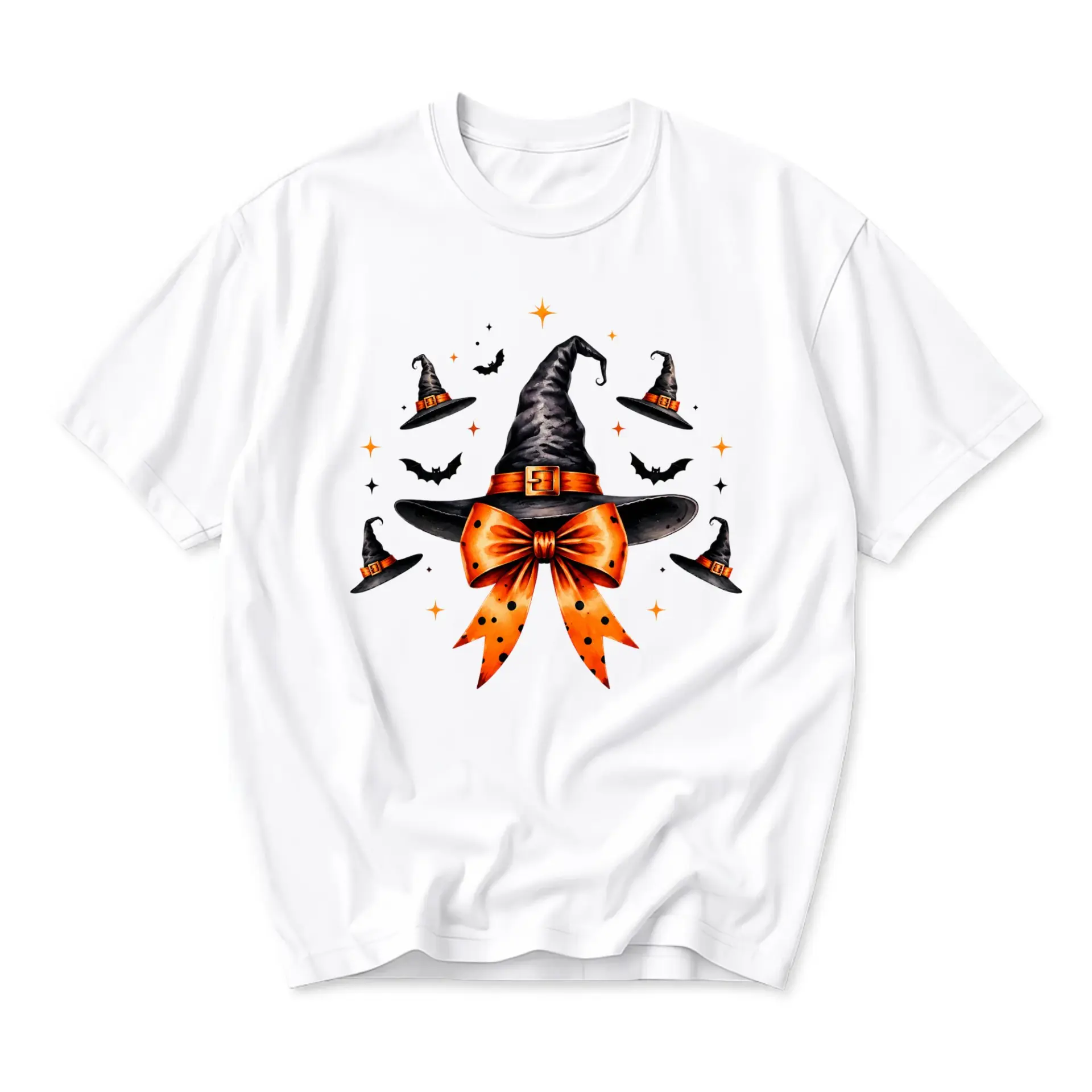 Graphic Tee Witch Hat and Bow Design Unisex Crew Neck Short Sleeve Shirt for Casual Fall Season Holiday Apparel