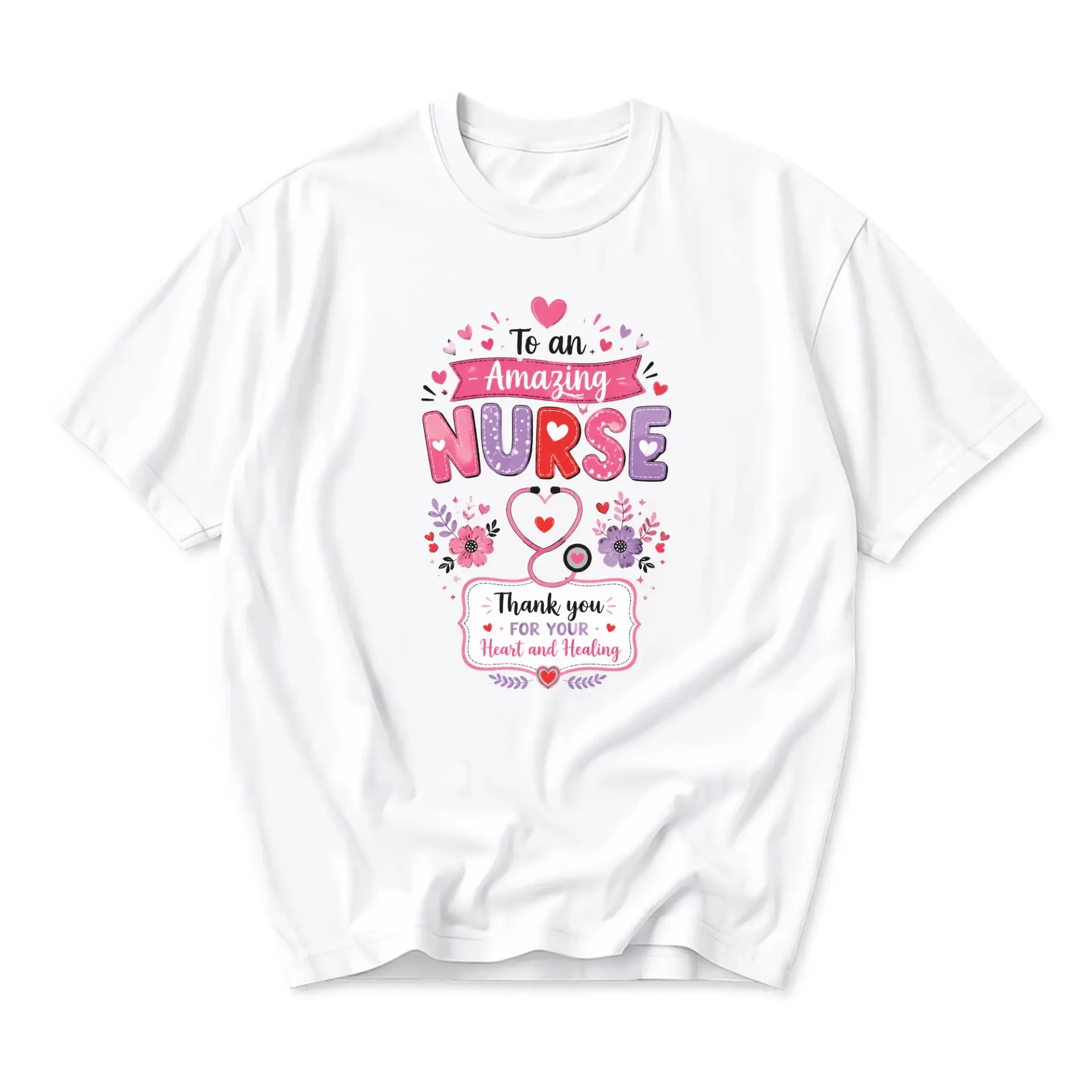 Graphic Tee Amazing Nurse T-Shirt Medical Professional Appreciation Heart Stethoscope Floral Print Unisex Crew Neck