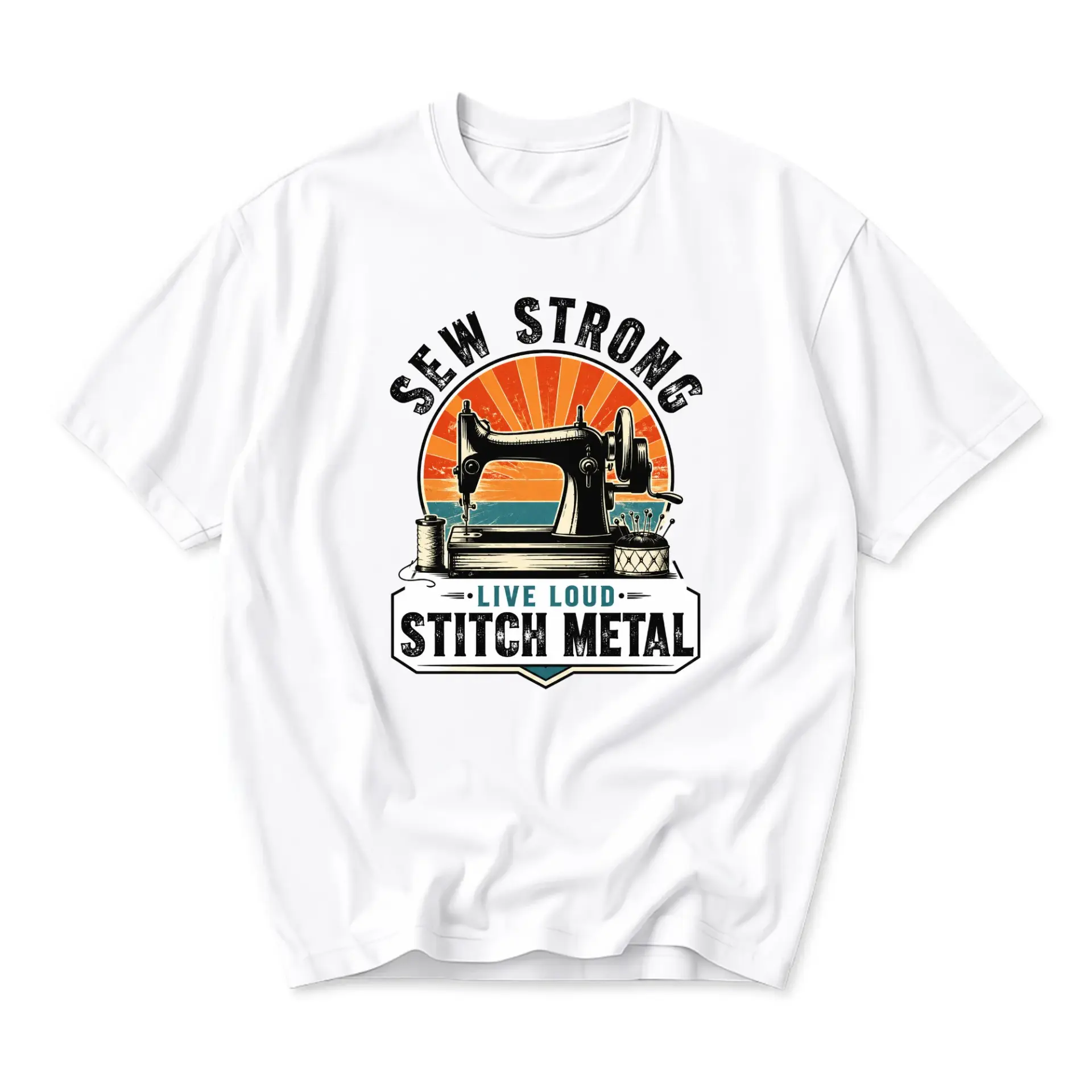 Graphic Tee Sew Strong Stitch Metal Vintage Sewing Machine Unisex Crew Neck Casual Everyday Statement Cotton T-Shirt