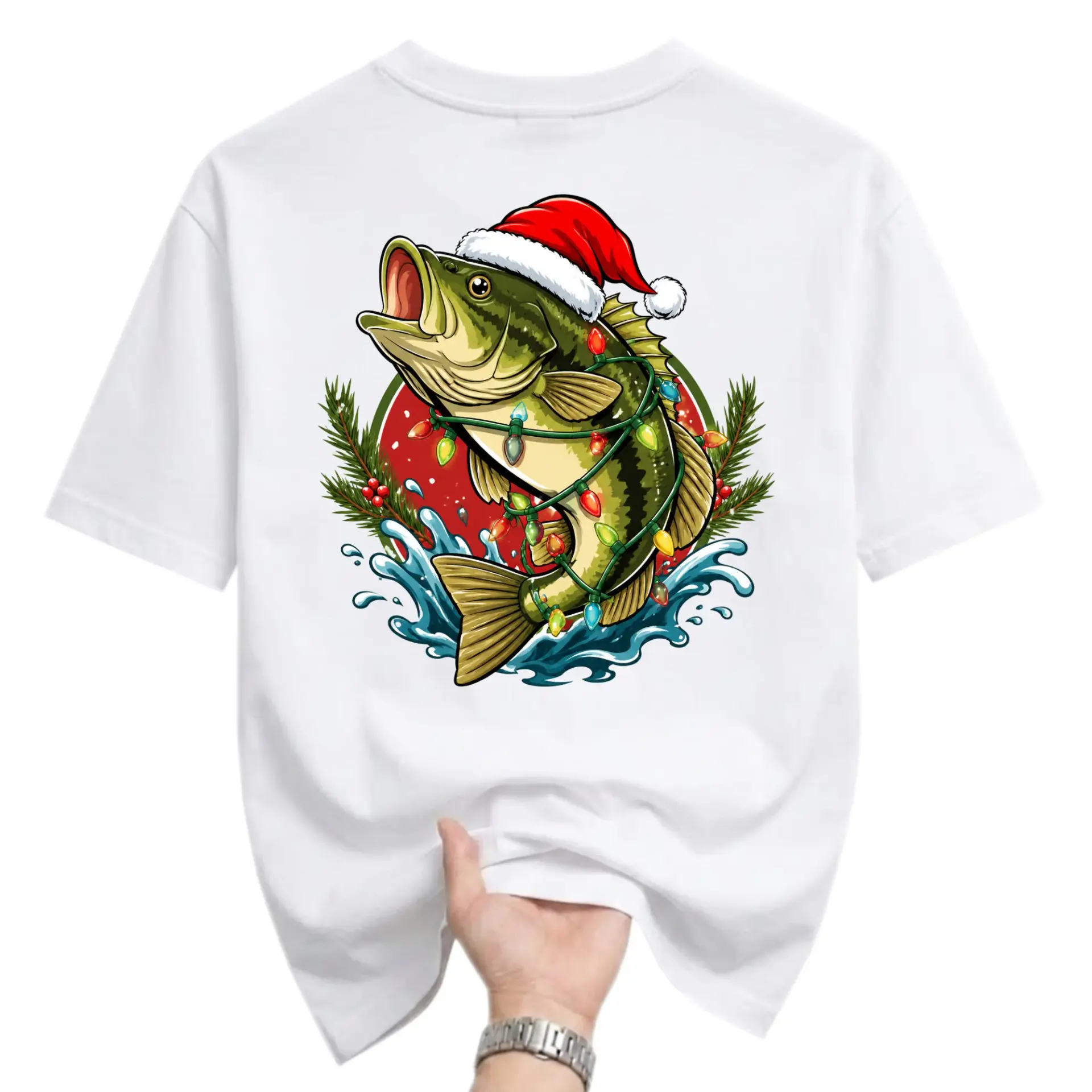 Graphic Tee Unisex Crew Neck T-Shirt Featuring a Fishing Wearing a Festive