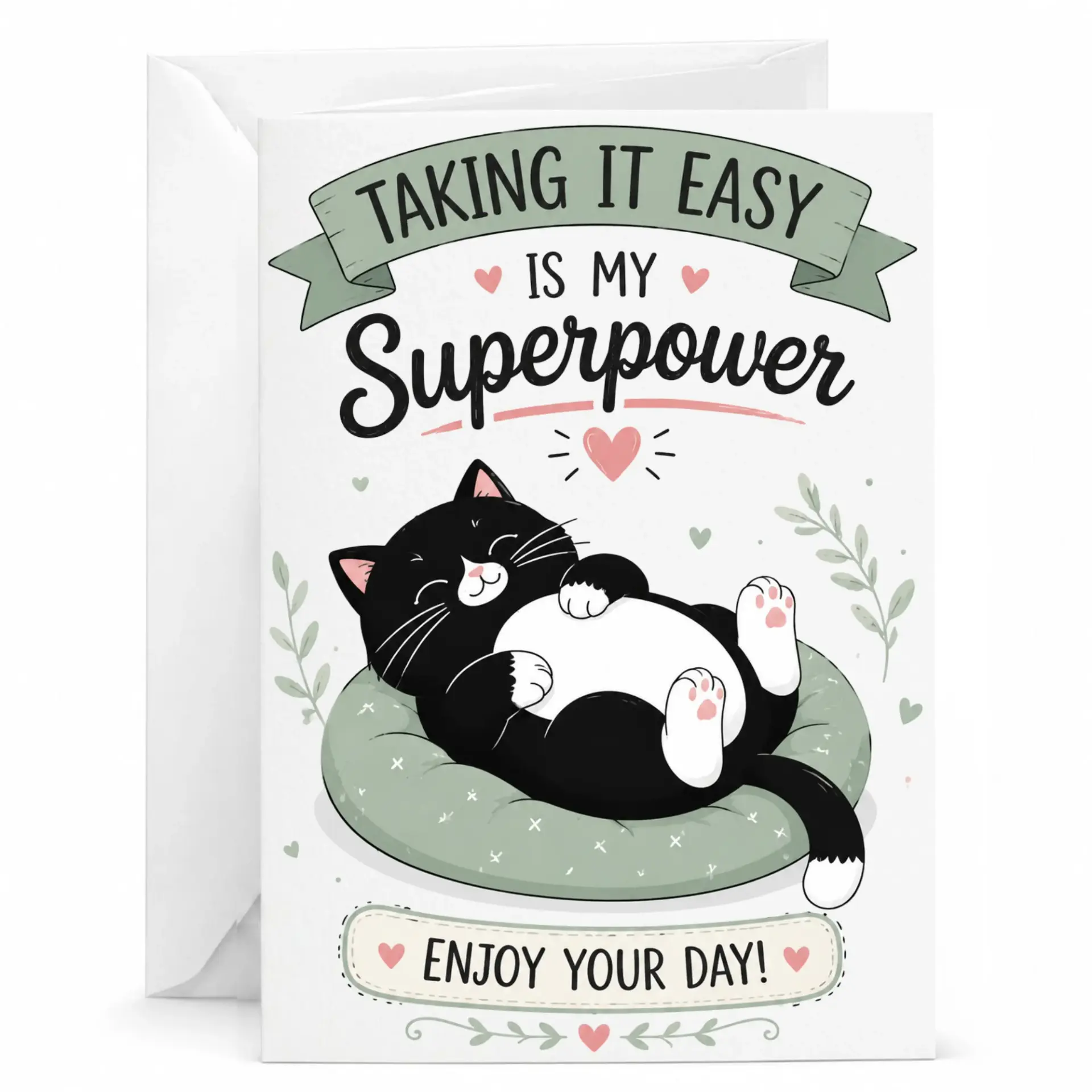 Funny Cat Greeting Card Taking It Easy Is My Superpower Whimsical Illustration Blank Note for Any Occasion