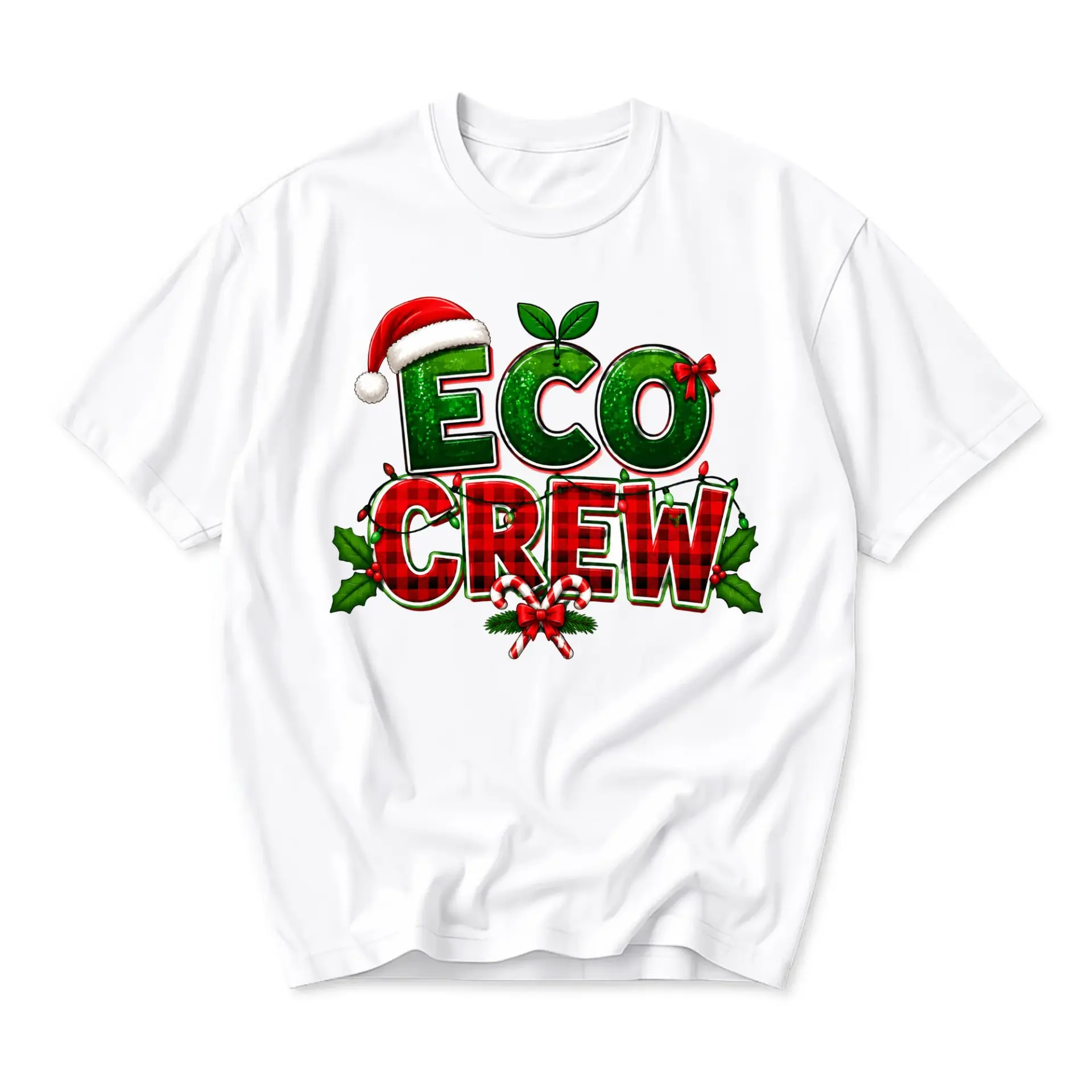 Graphic Tee Eco Crew Holiday Theme Unisex Casual Short Sleeve Shirt Featuring Festive Red and Green Seasonal Design