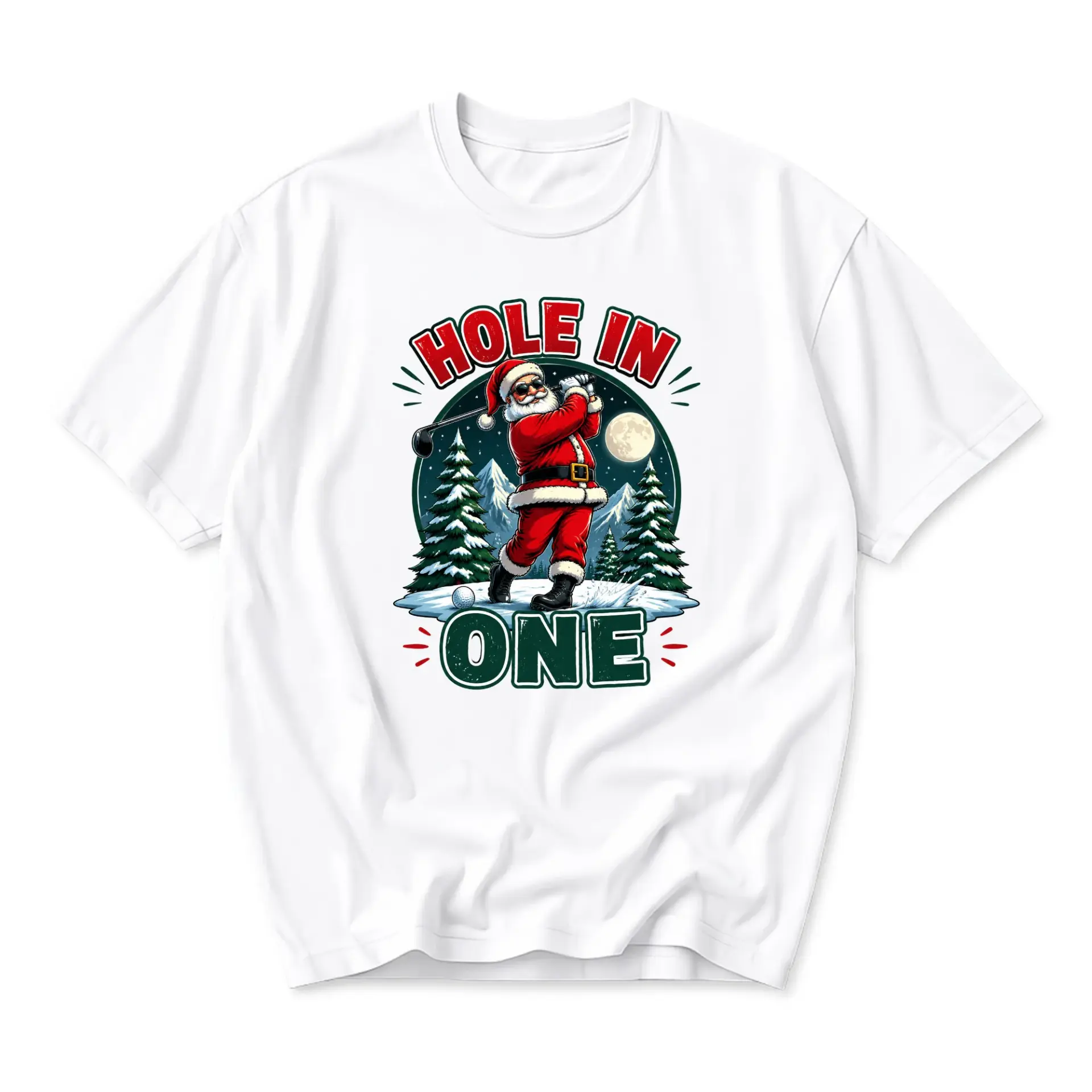 Funny Shirt Hole in One Santa Claus Golf Graphic Tee Casual Winter Holiday Short Sleeve Unisex Crew Neck Apparel