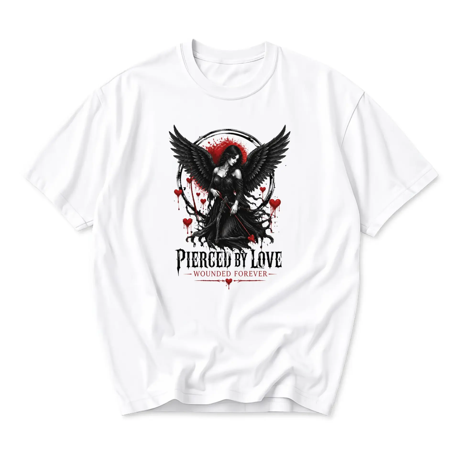 Graphic Tee Pierced by Love Wounded Forever Gothic Angel Design Unisex Casual Short Sleeve Cotton Crew Neck Shirt