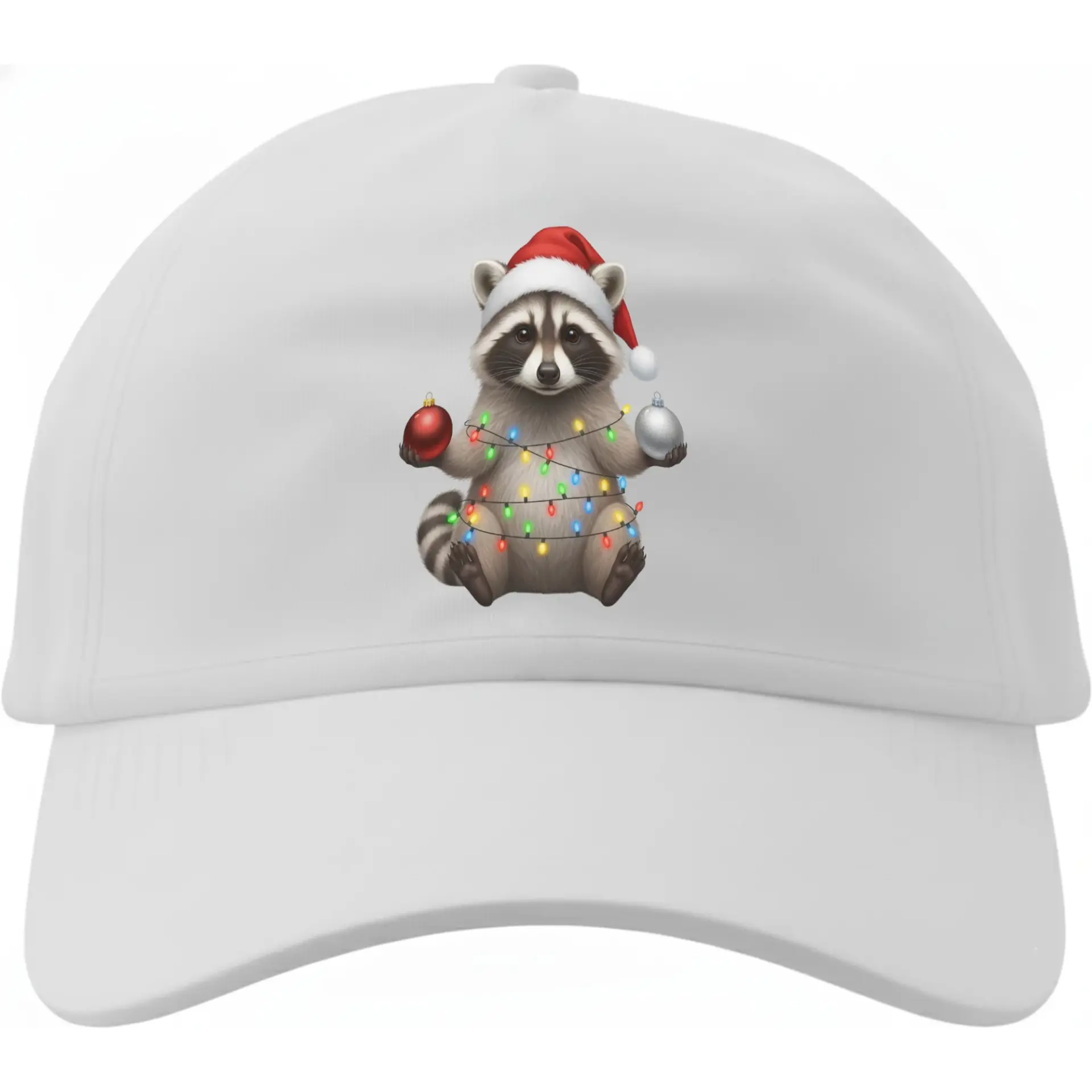 Dad Hat Baseball Cap Featuring Cute Christmas Raccoon with Holiday Lights and Ornaments for Casual Seasonal Style