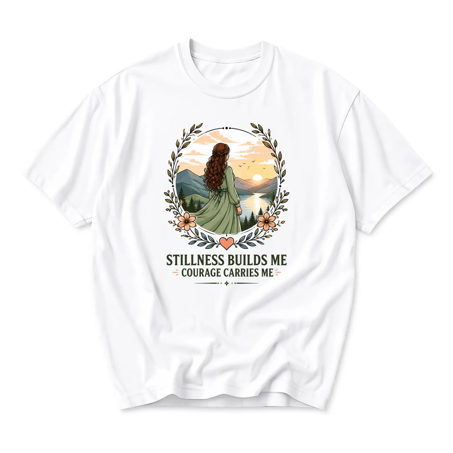 Graphic Tee Stillness Builds Me Courage Carries Me Inspirational Nature Design Unisex Crew Neck Everyday Cotton Shirt