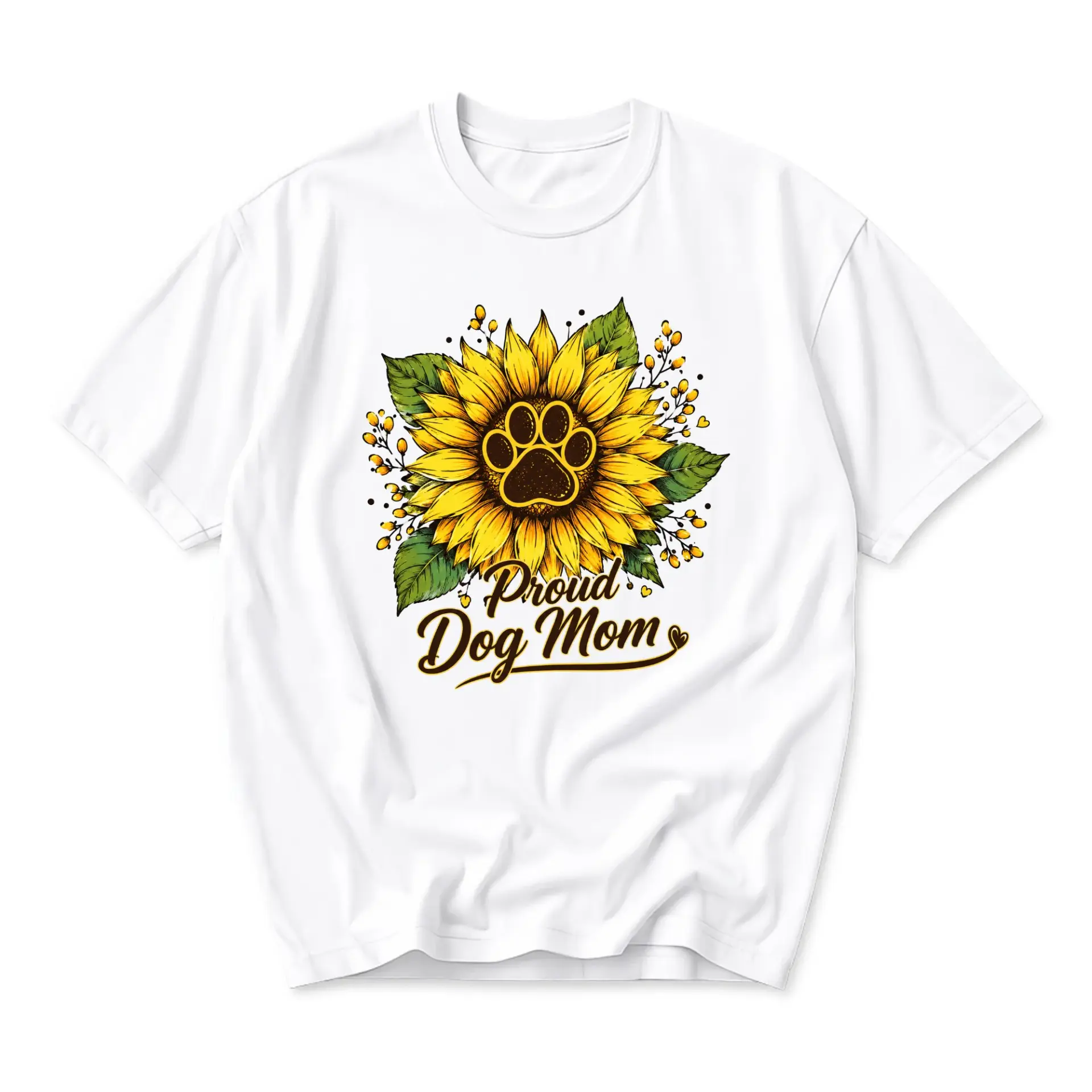 Graphic Tee Proud Dog Mom Sunflower Paw Print Design Casual Unisex Crew