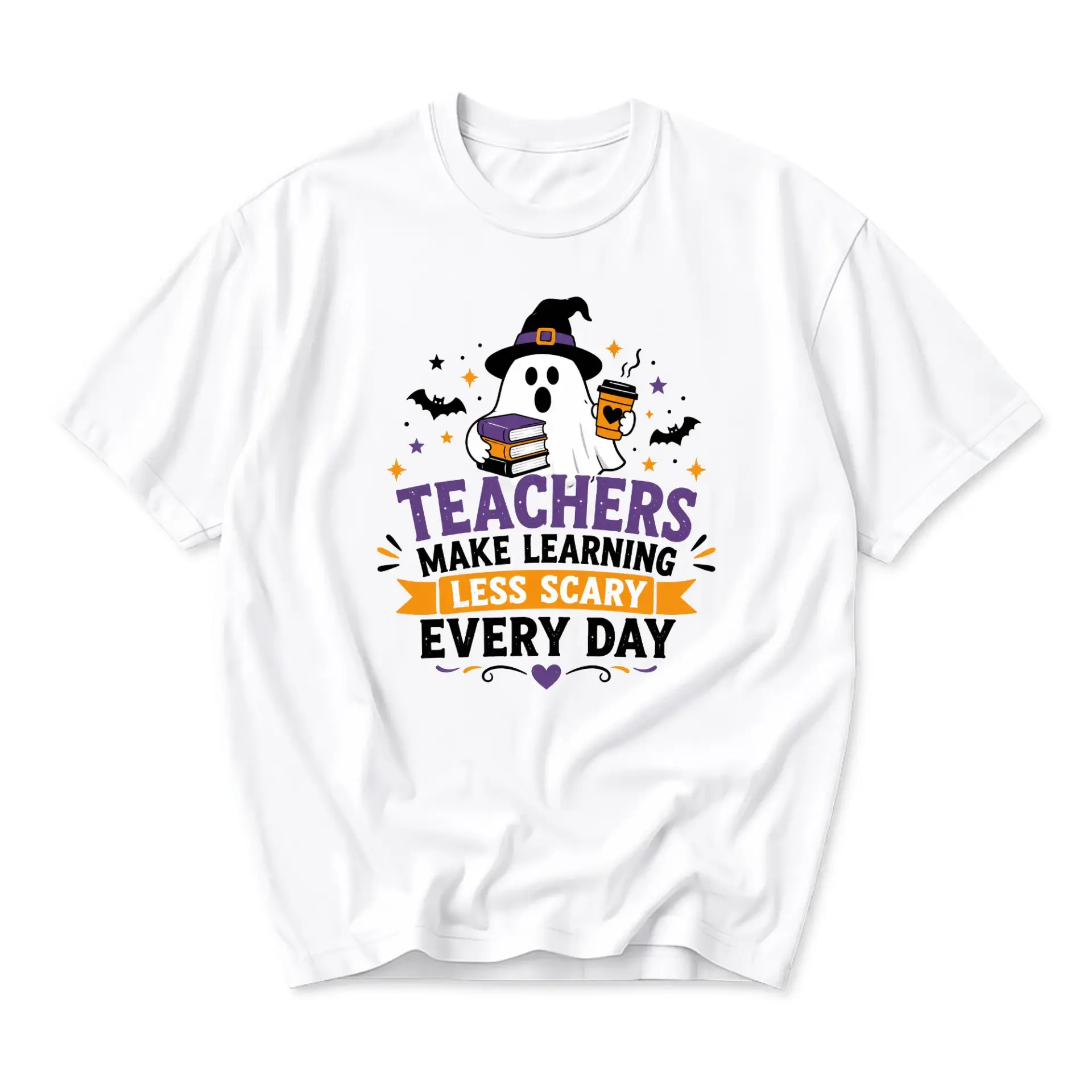 Funny Shirt Teachers Make Learning Less Scary Every Day Graphic Tee Unisex Crew Neck Apparel for Educators Professionals