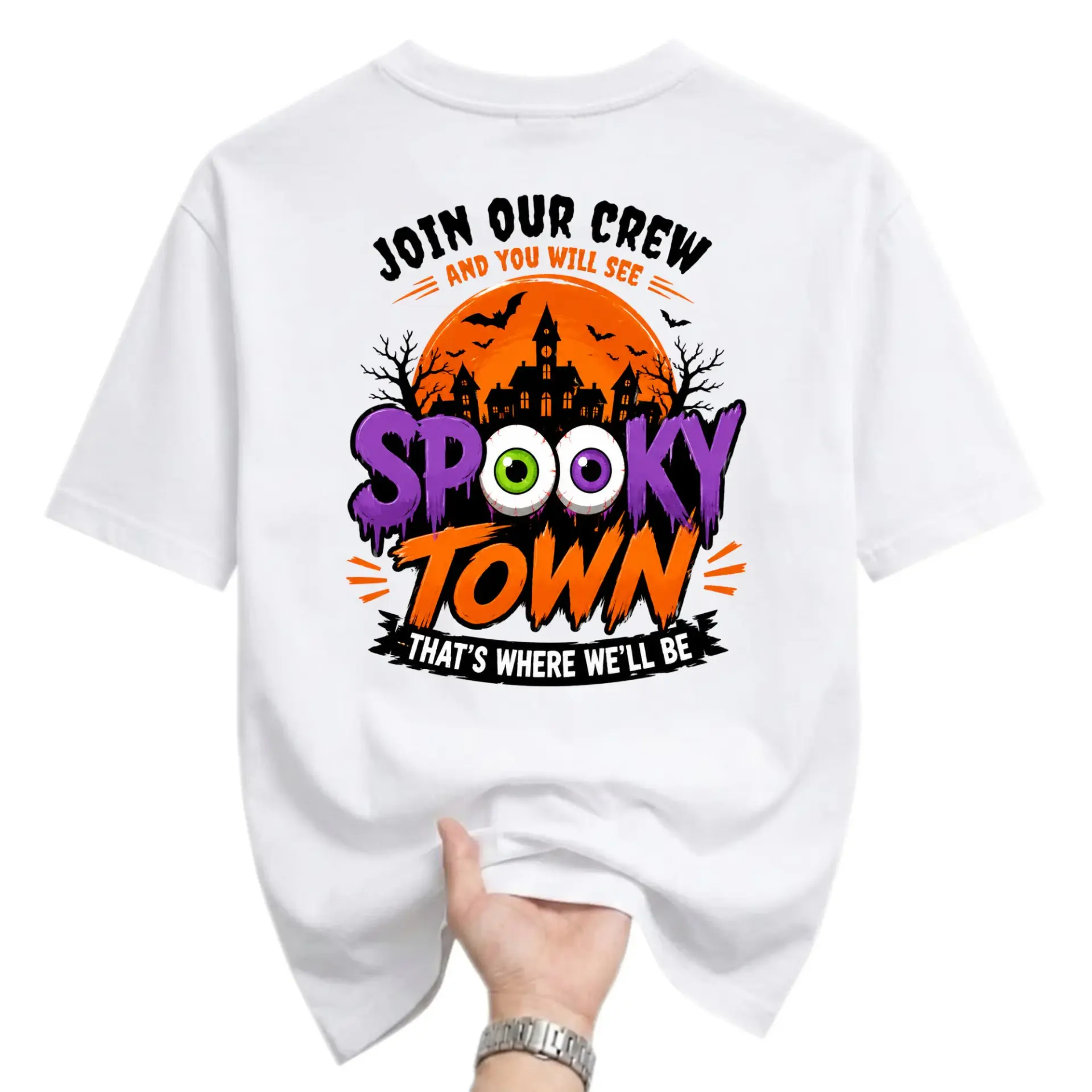 Graphic Tee Spooky Town Halloween Crew Shirt Seasonal Unisex Apparel Comfortable Cotton Blend Casual Short Sleeve Top