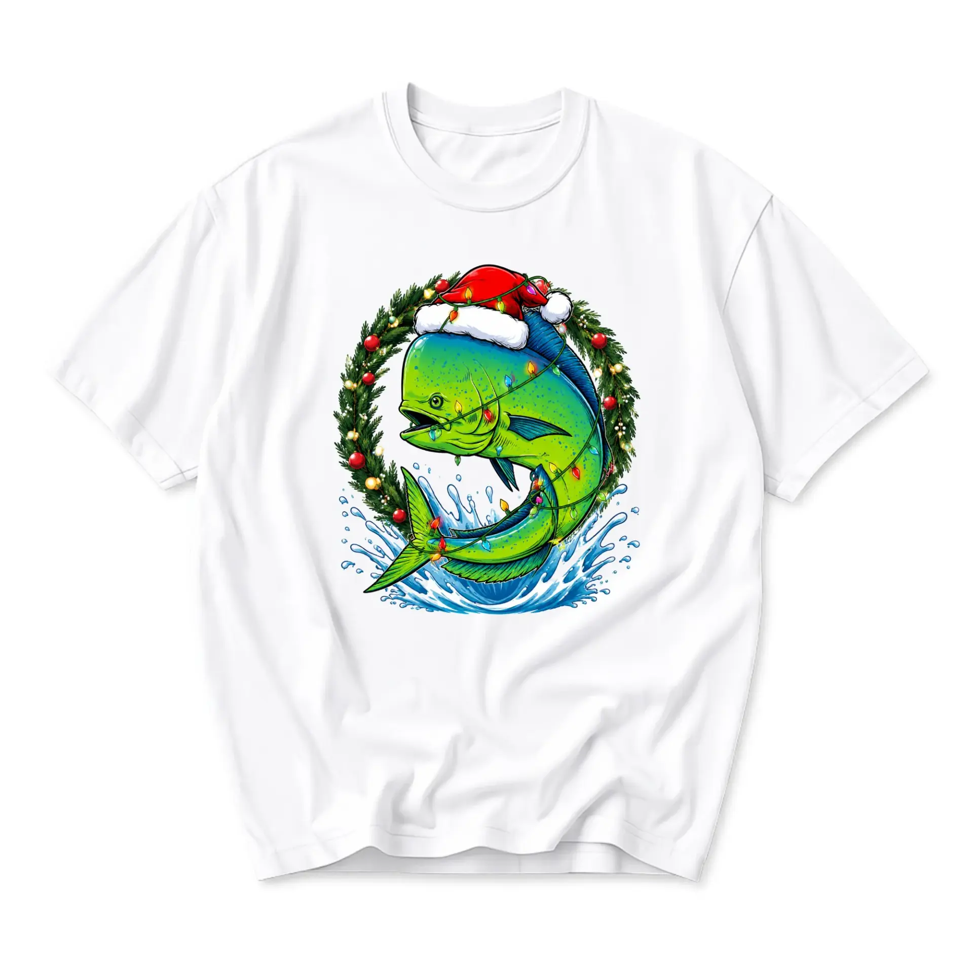 Graphic Tee Unisex Holiday Fishing T-Shirt Featuring a Mahi Fish Wearing a Santa Hat in a Festive Wreath Design