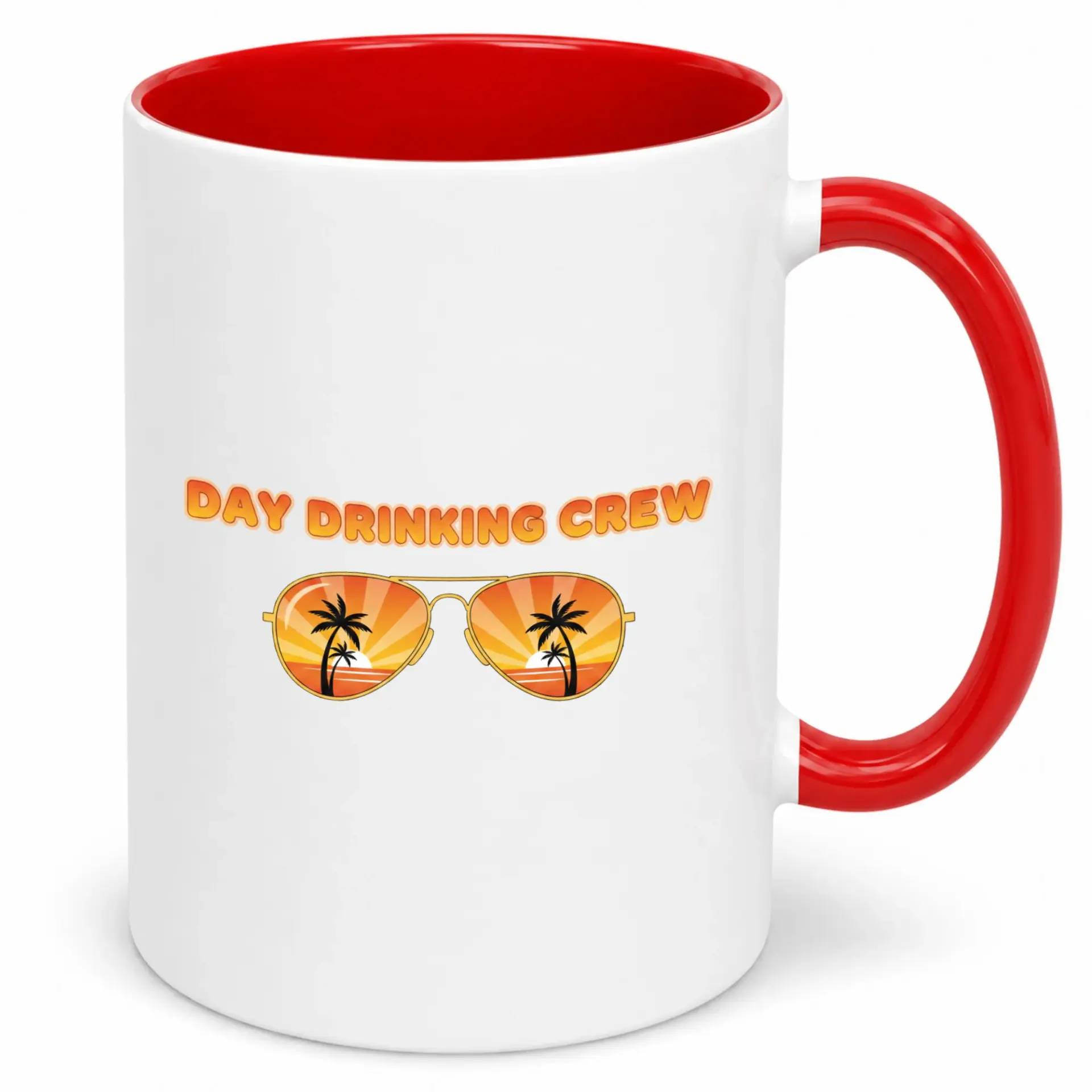 Funny Day Drinking Crew Ceramic Coffee Mug with Tropical Sunset Tree Sunglasses Design Perfect Home Kitchen Office Desk Gift