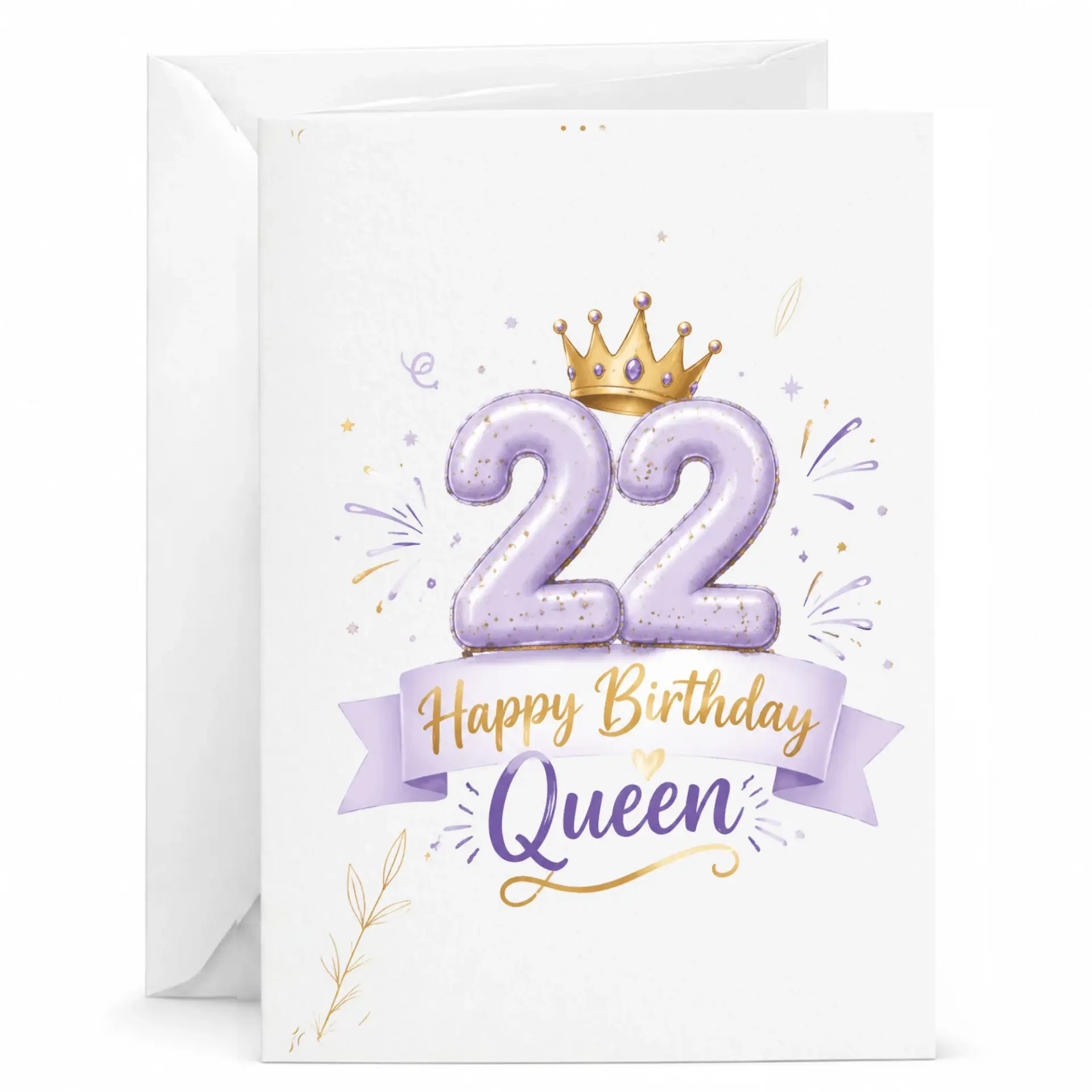 Birthday Card for 22nd Birthday, Happy Birthday Queen Greeting Card with Lavender Balloon Number Design and Envelope