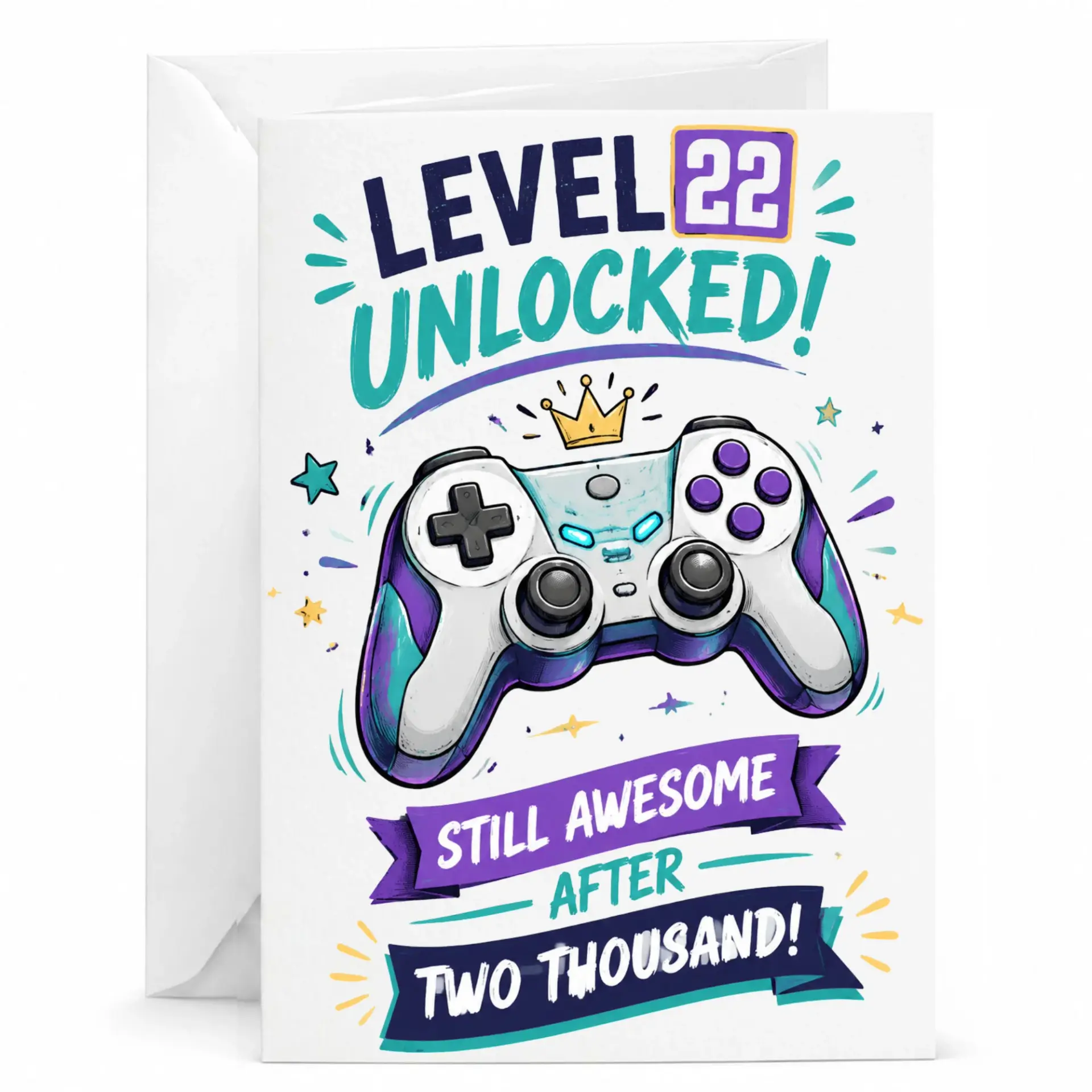 Birthday Card Level 22 Unlocked Video Game Controller Illustration Fun Stationary for Gamer Milestone Celebration