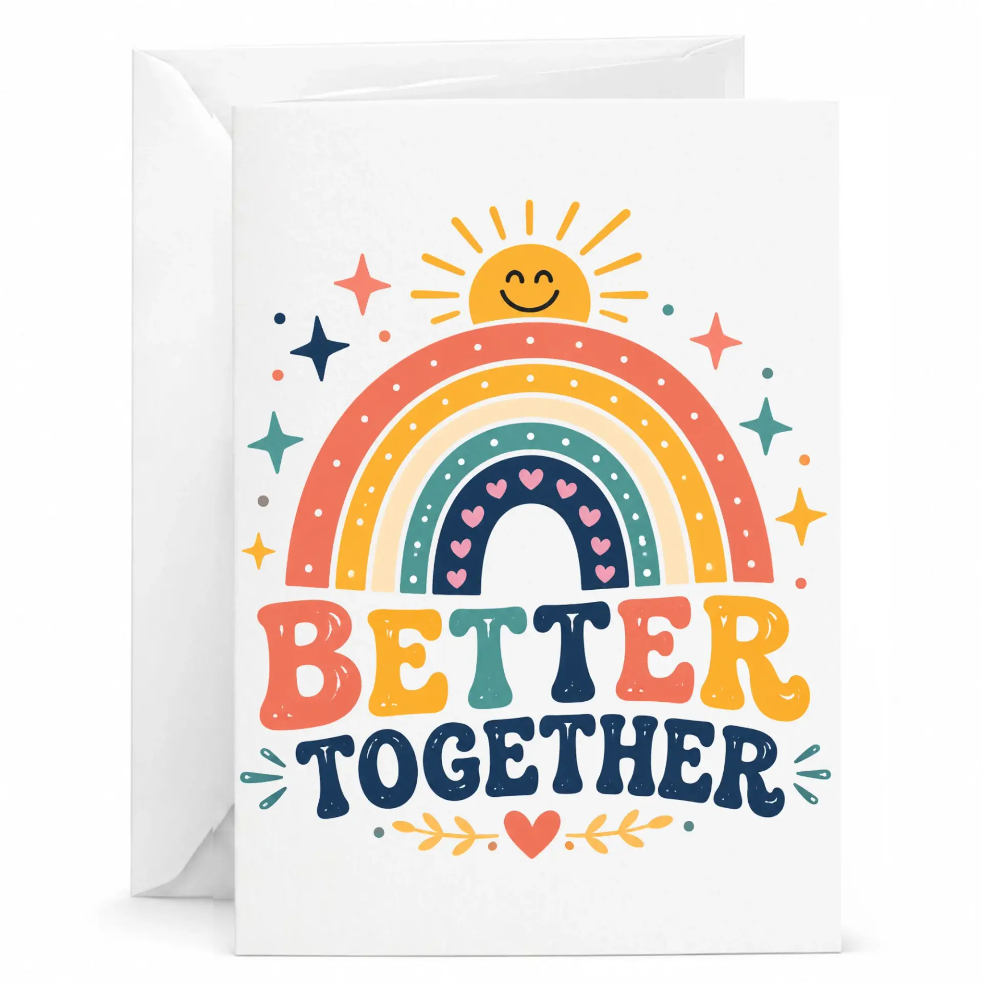 Better Together Greeting Card with Rainbow and Sunshine Design, Retro Aesthetic Note Card for Special Occasions, 5x7 Inches