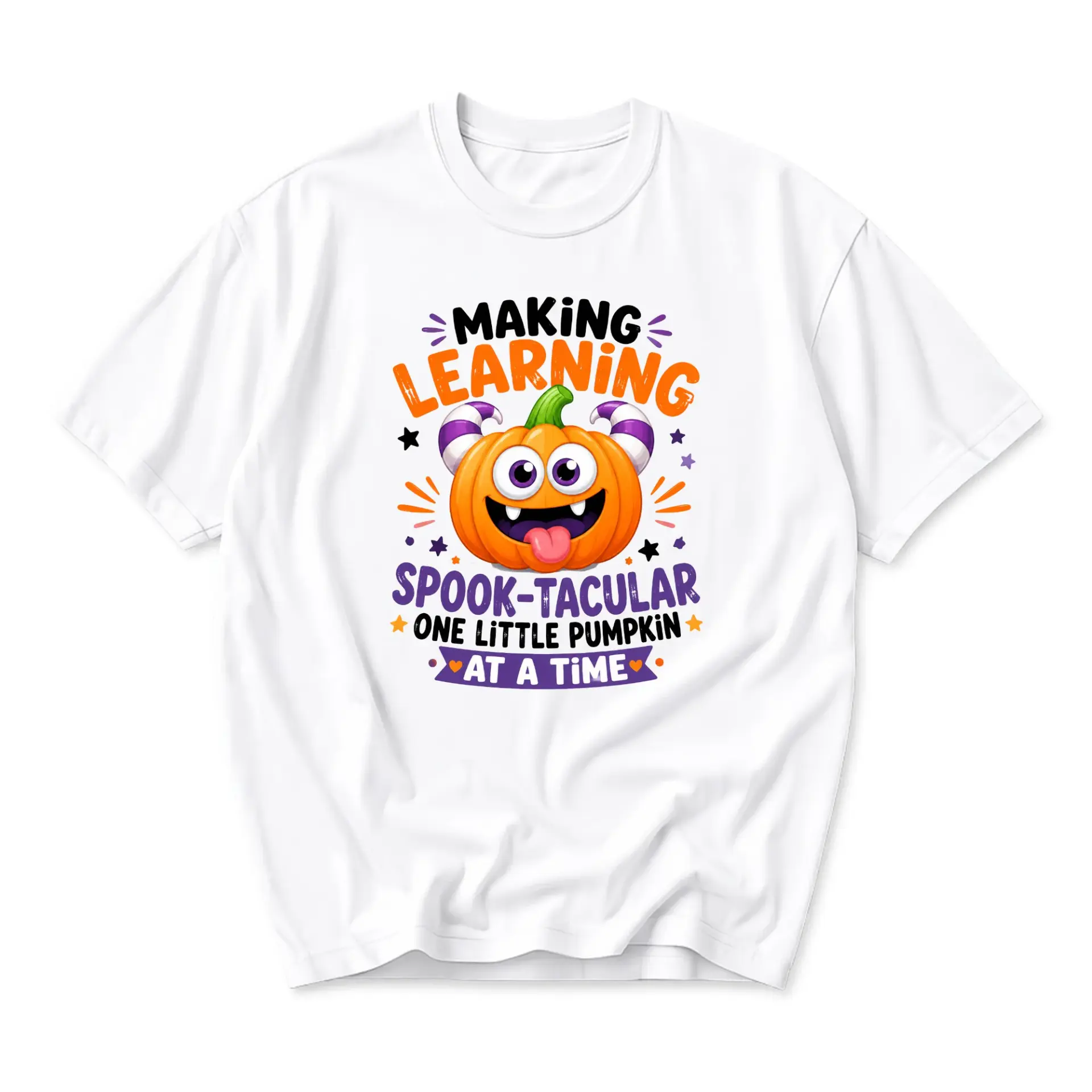 Funny Shirt Making Learning Spook-Tacular Pumpkin Graphic Unisex Crew Neck Casual Everyday Short Sleeve Tee Top