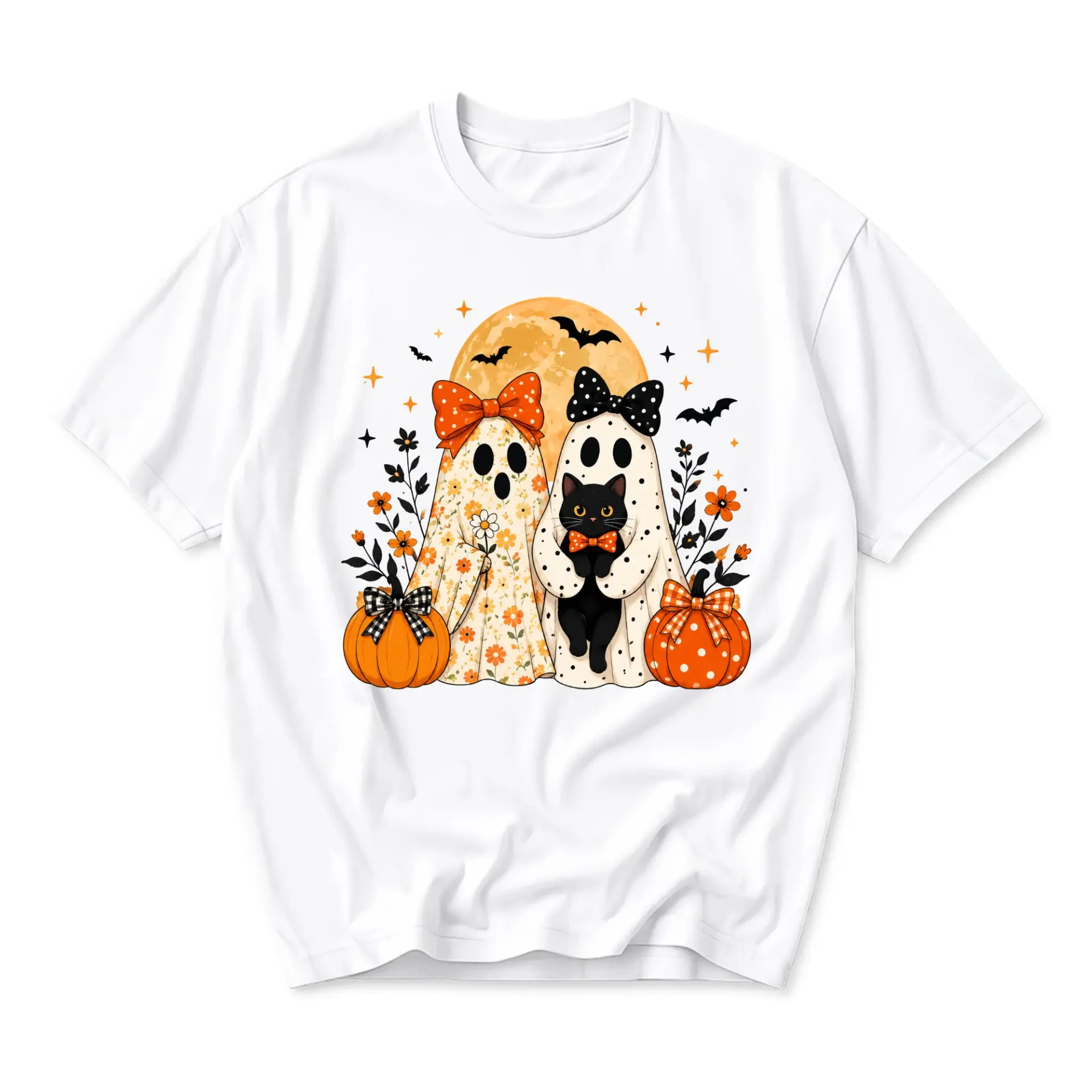 Graphic Tee Unisex Halloween Shirt Featuring Cute Ghost Pair with Black Cat and Pumpkins Floral Autumn Apparel