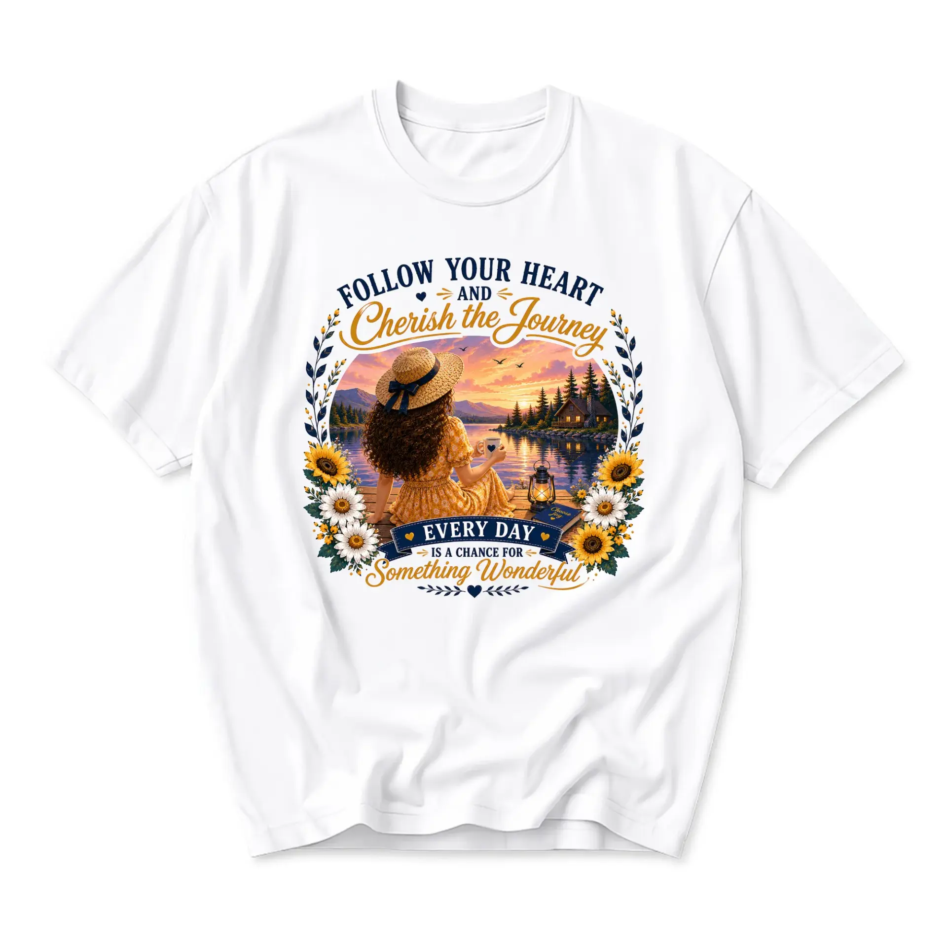 Graphic Tee Follow Your Heart and Cherish the Journey Inspirational Nature Quote Unisex Crew Neck Short Sleeve Shirt