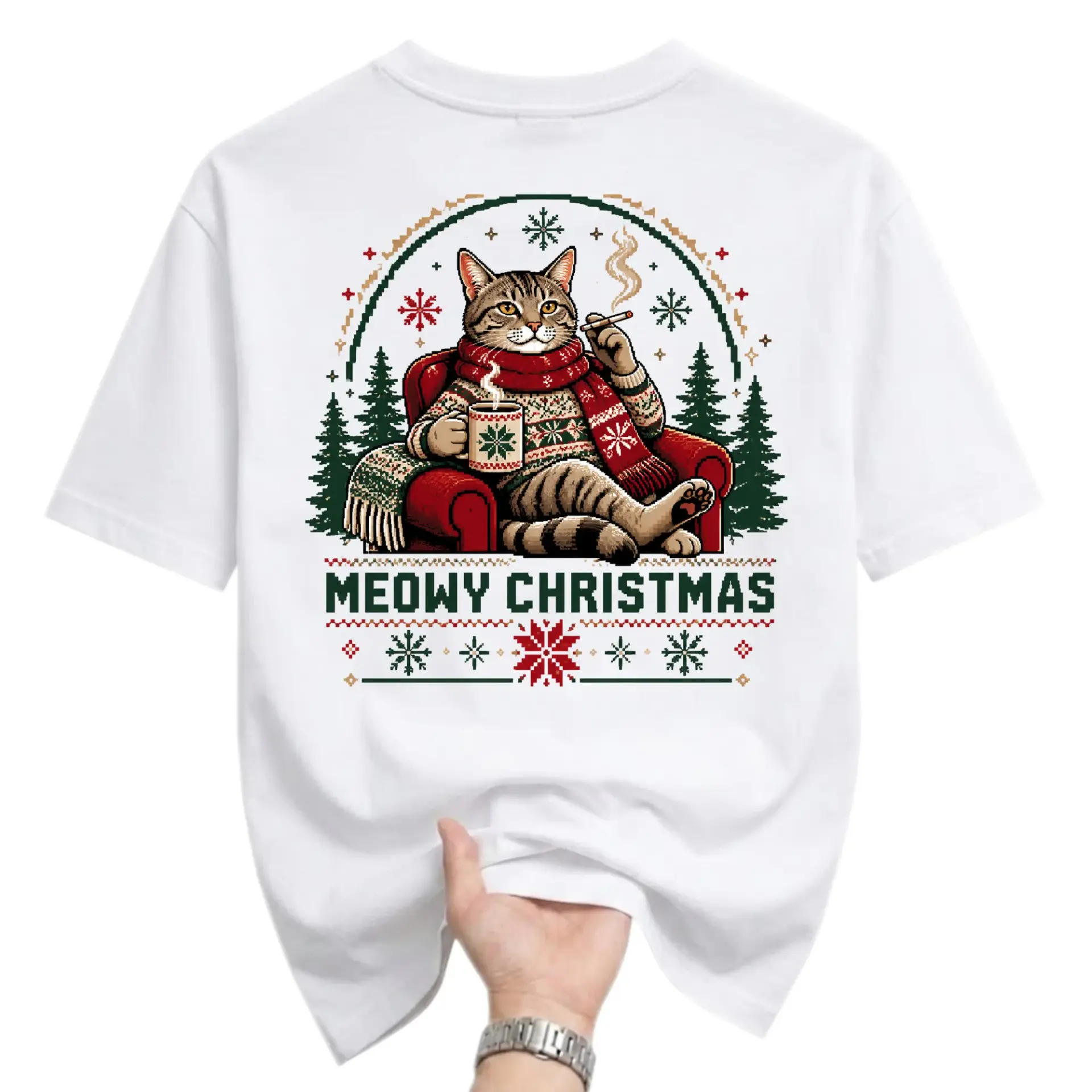 Funny Shirt Meowy Christmas Cat Graphic Tee Unisex Crew Neck Short Sleeve
