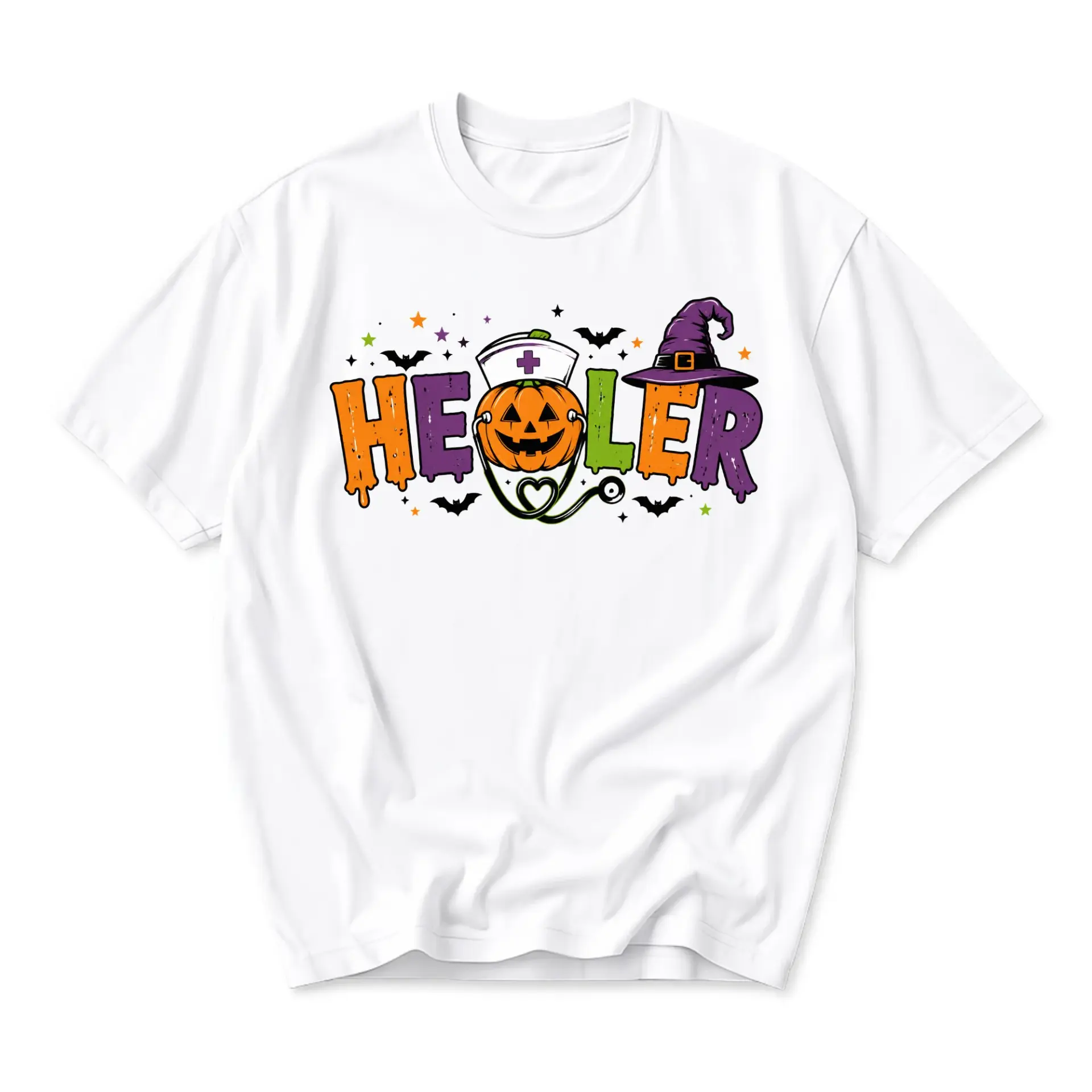T-shirt Healer Halloween Pumpkin Nurse Graphic Tee Unisex Crew Neck Casual Everyday Top for Medical Professionals