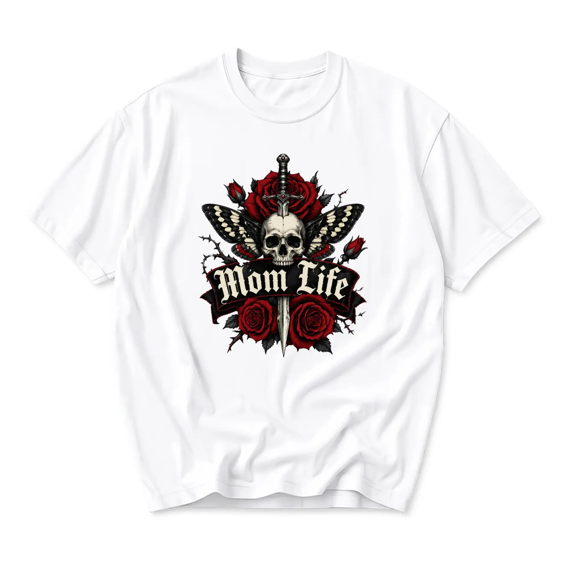 T-shirt Mom Life Gothic Skull Rose Butterfly Graphic Tee Unisex Crew Neck Apparel for Casual Everyday Style and Comfort