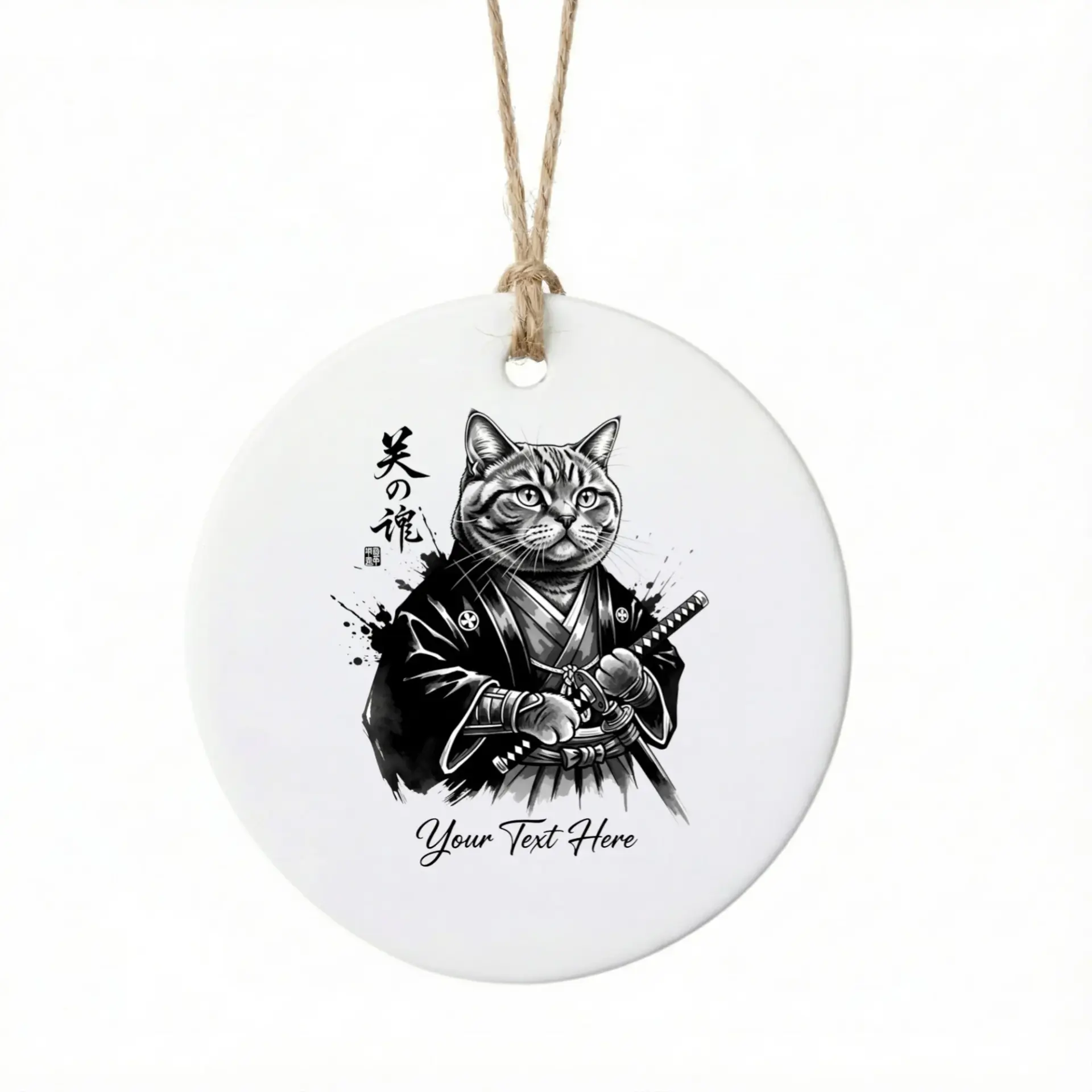 Christmas Ornament Samurai Cat Ceramic Keepsake Festive Holiday Tree Decor Personalized Decorative Hanging Gift