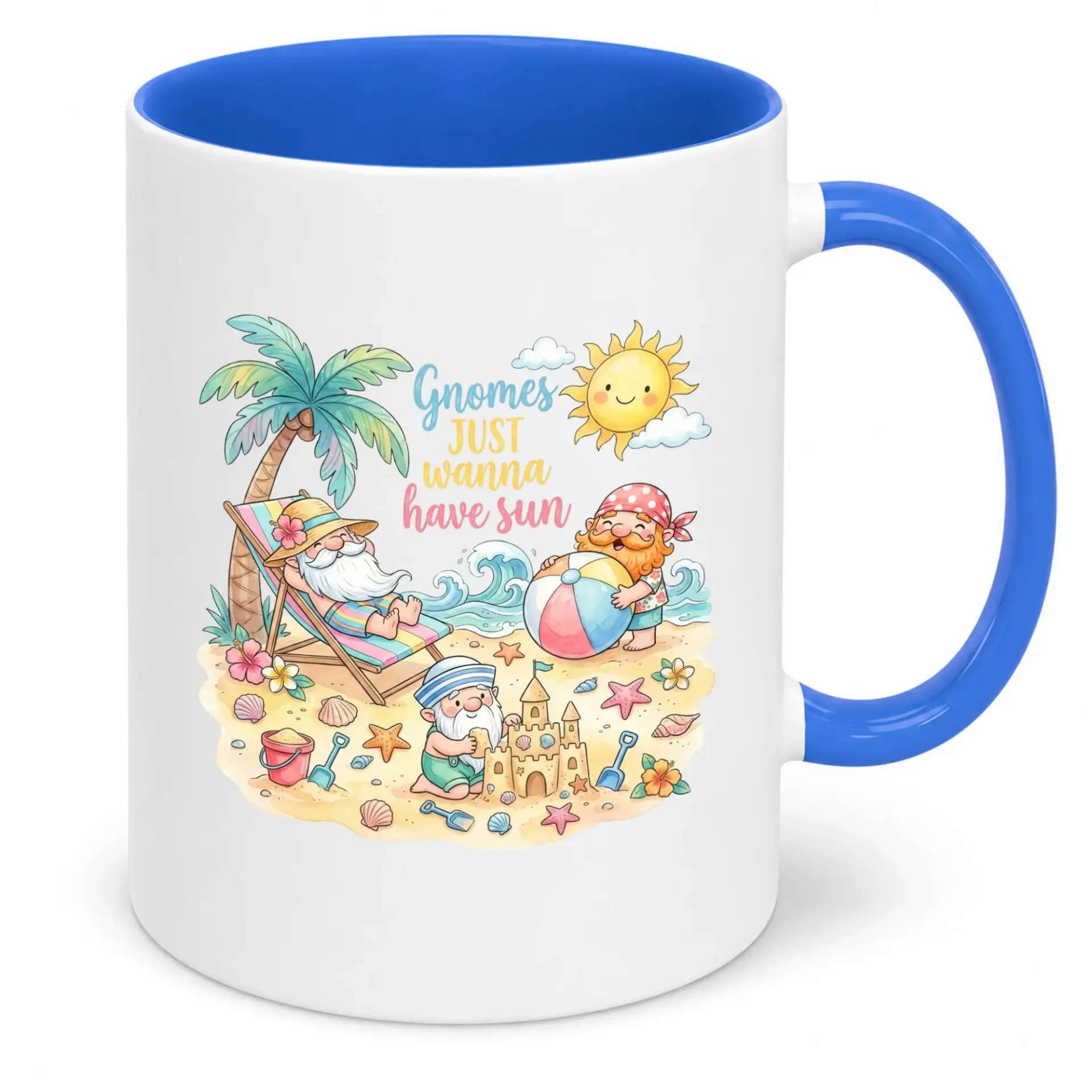 Funny Gnomes Just Wanna Have Sun Coffee Mug, Ceramic Tea Cup with Summer Beach Vacation Design, 11 Oz or 15 Oz Drinkware Gift