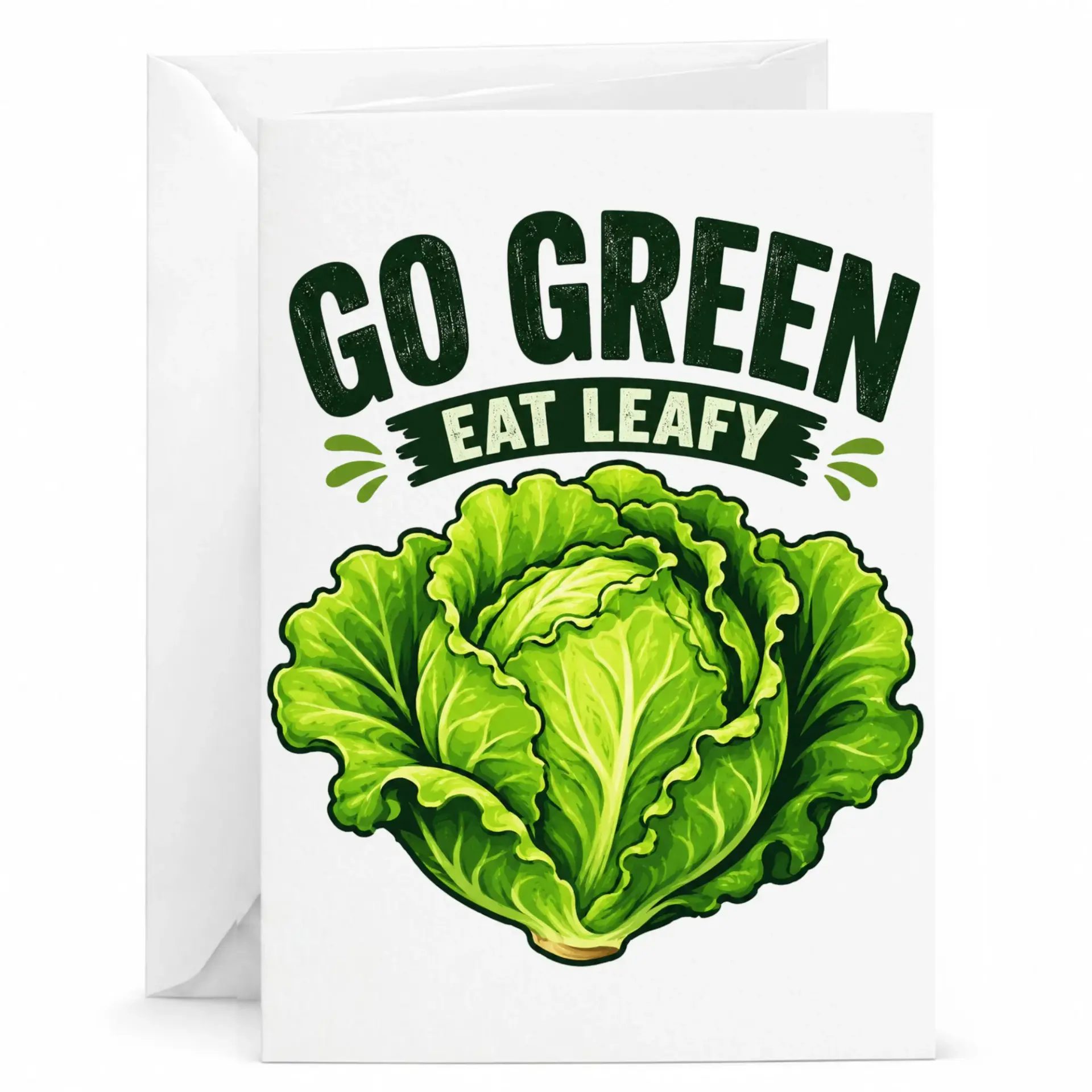 Funny Greeting Card Go Green Eat Leafy Vegetable Pun Illustration Plant Based Humor for Veggie Lovers