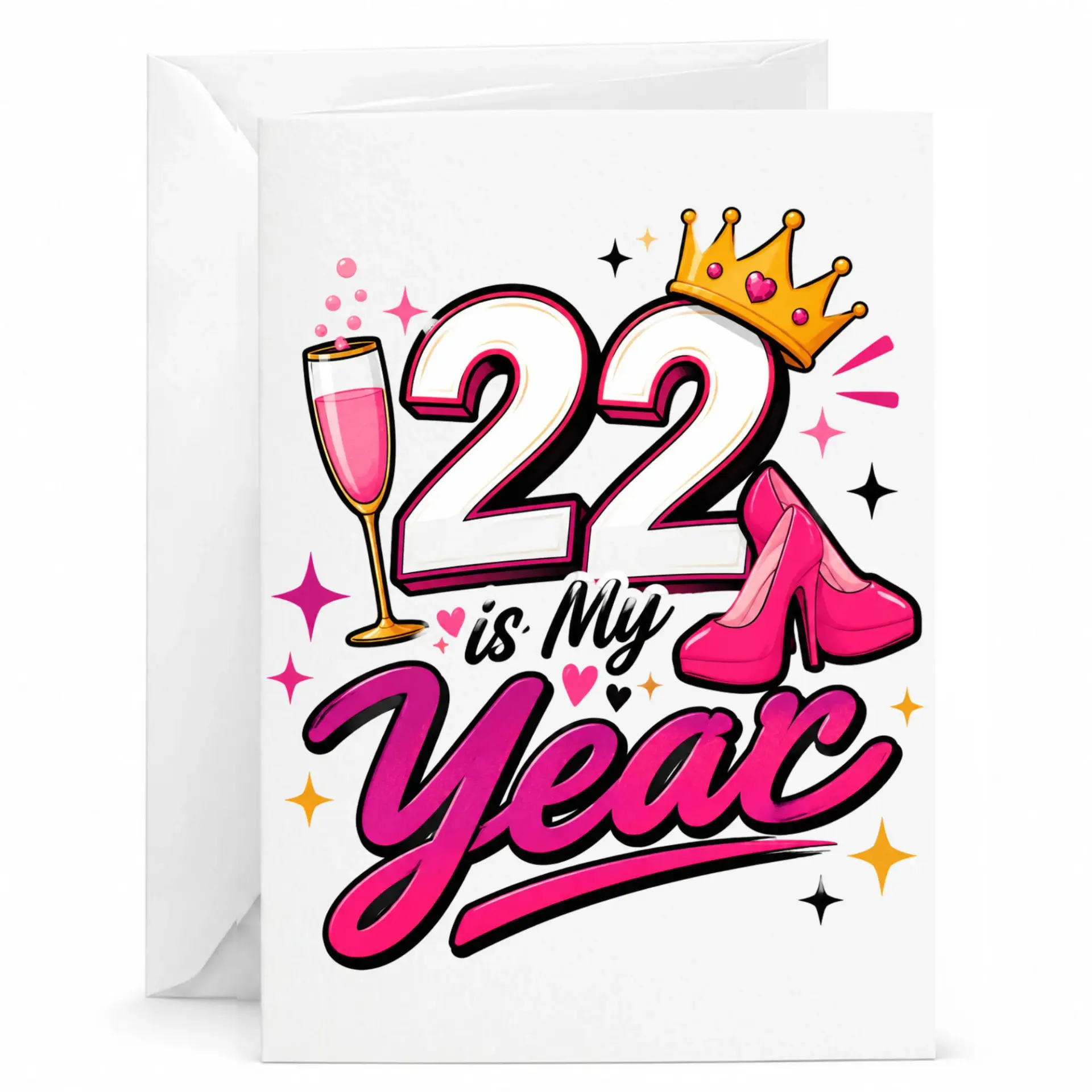 Birthday Card 22 Is My Year Pink Fashion Glamour Greeting Card with Matching Envelope for Celebrating 22nd Milestone