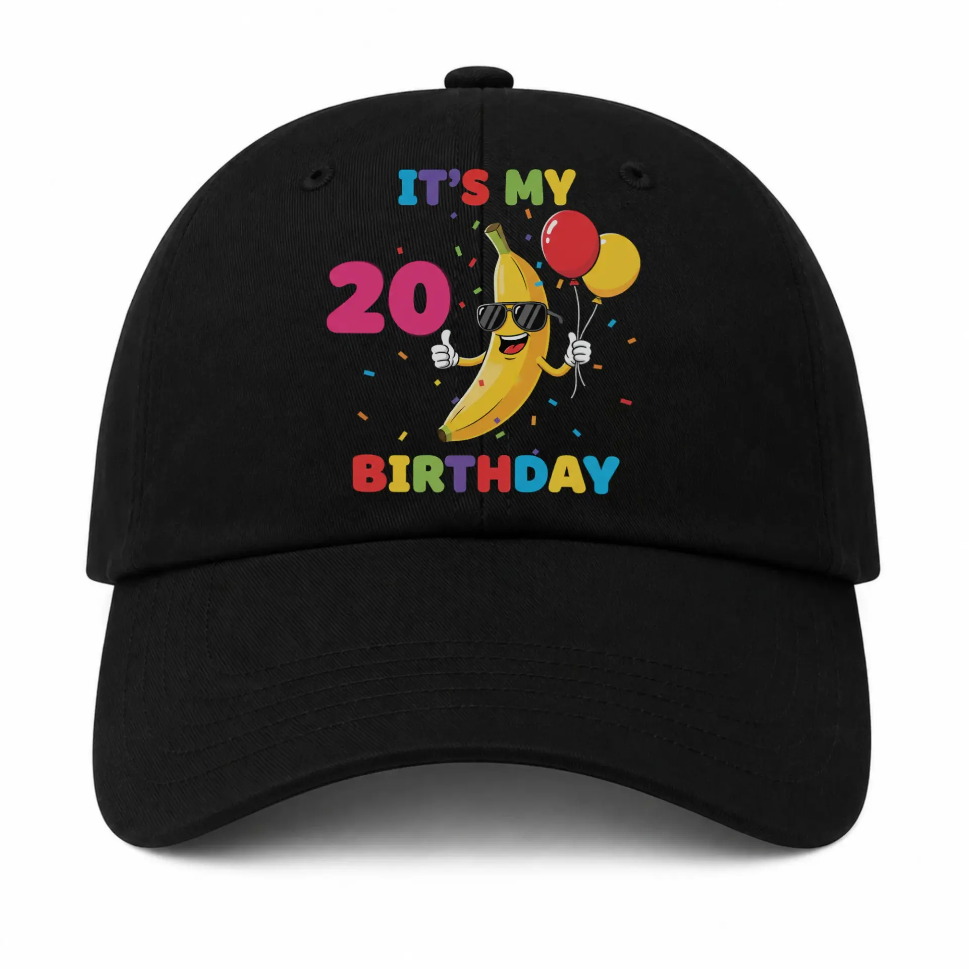 Vinyl Sticker Pack 20th Birthday Celebration Design Featuring Cool Banana Character with Balloons and Confetti Decals